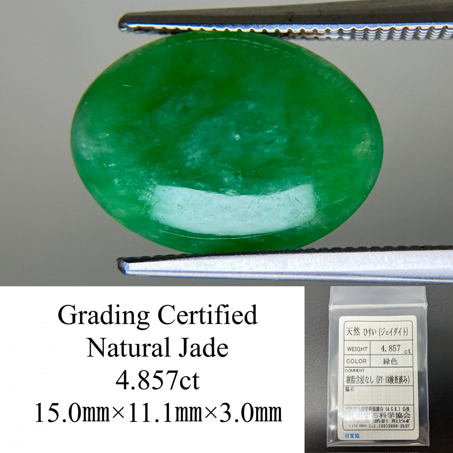 ヒスイ 翡翠 天然 4.857ct 宝石ソーティング付き 15.0㎜×11.1㎜×3.0㎜ ルース（ 裸石 ） 5292YY