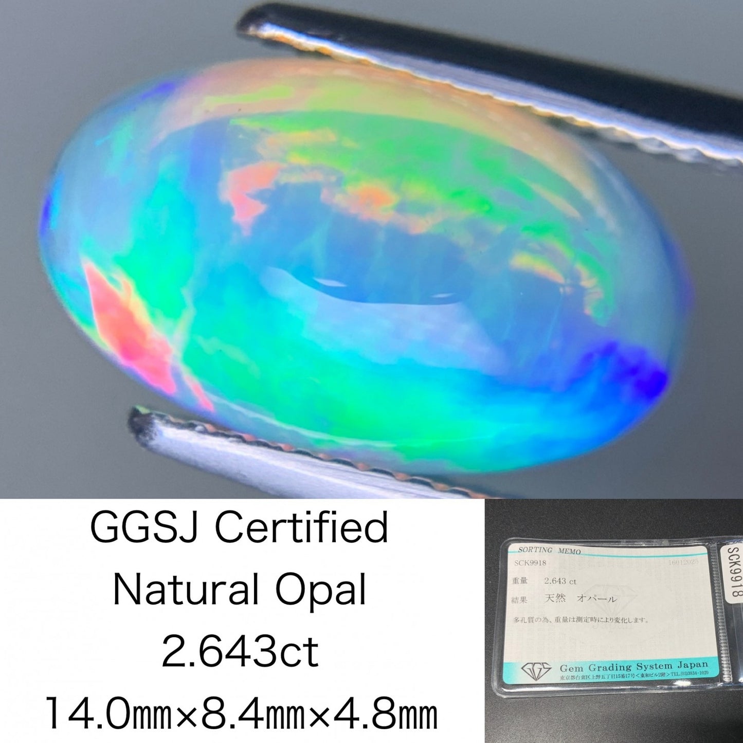 オパール 2.643ct 宝石ソーティング付き 14.0㎜×8.4㎜×4.8㎜ ルース（ 裸石 ） 3894Y