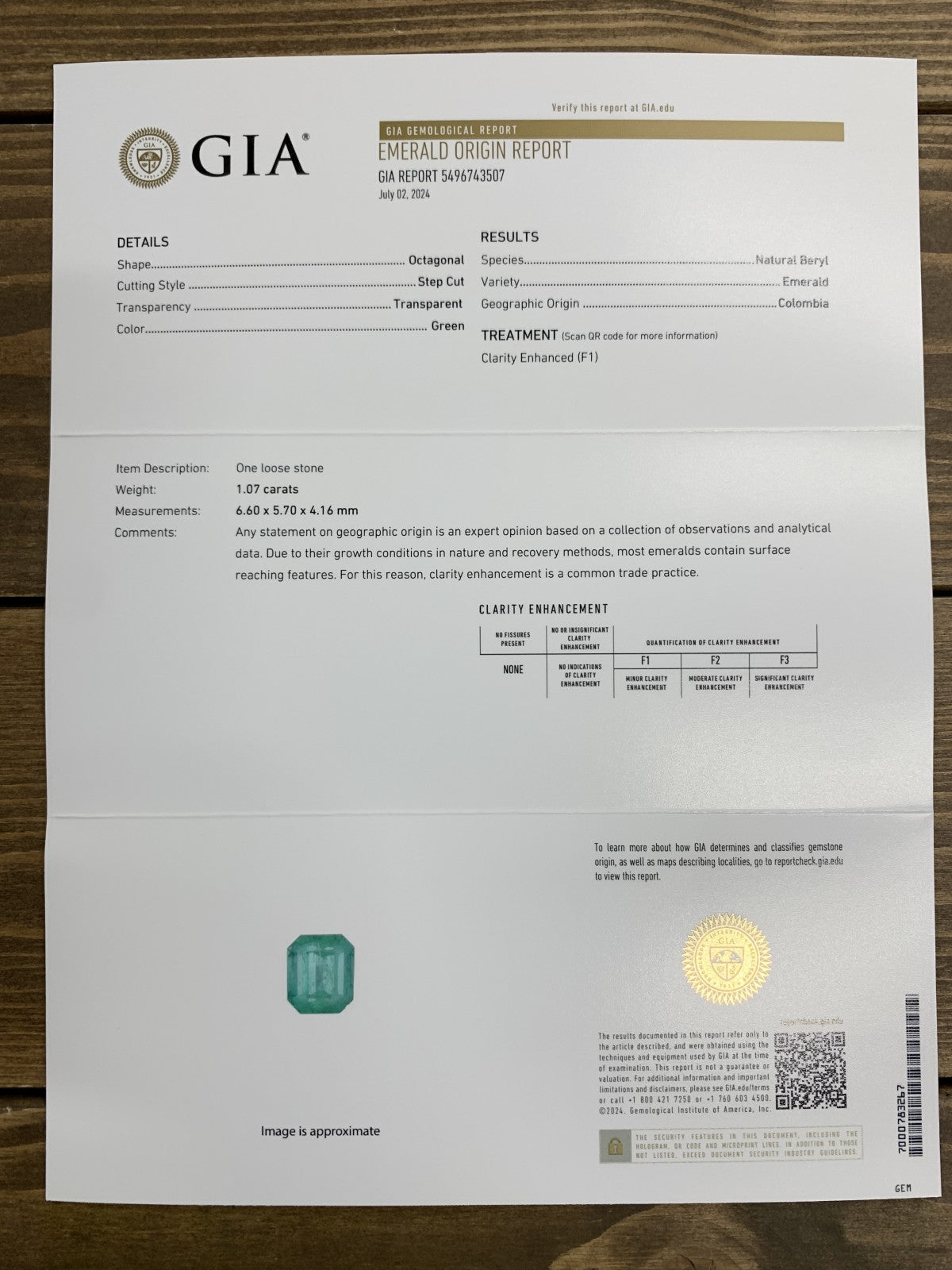 エメラルド  1.07ct  GIA宝石鑑別書付き  Colombia 6.60㎜×5.70㎜×4.16㎜  ルース（ 裸石 ）   2086Y