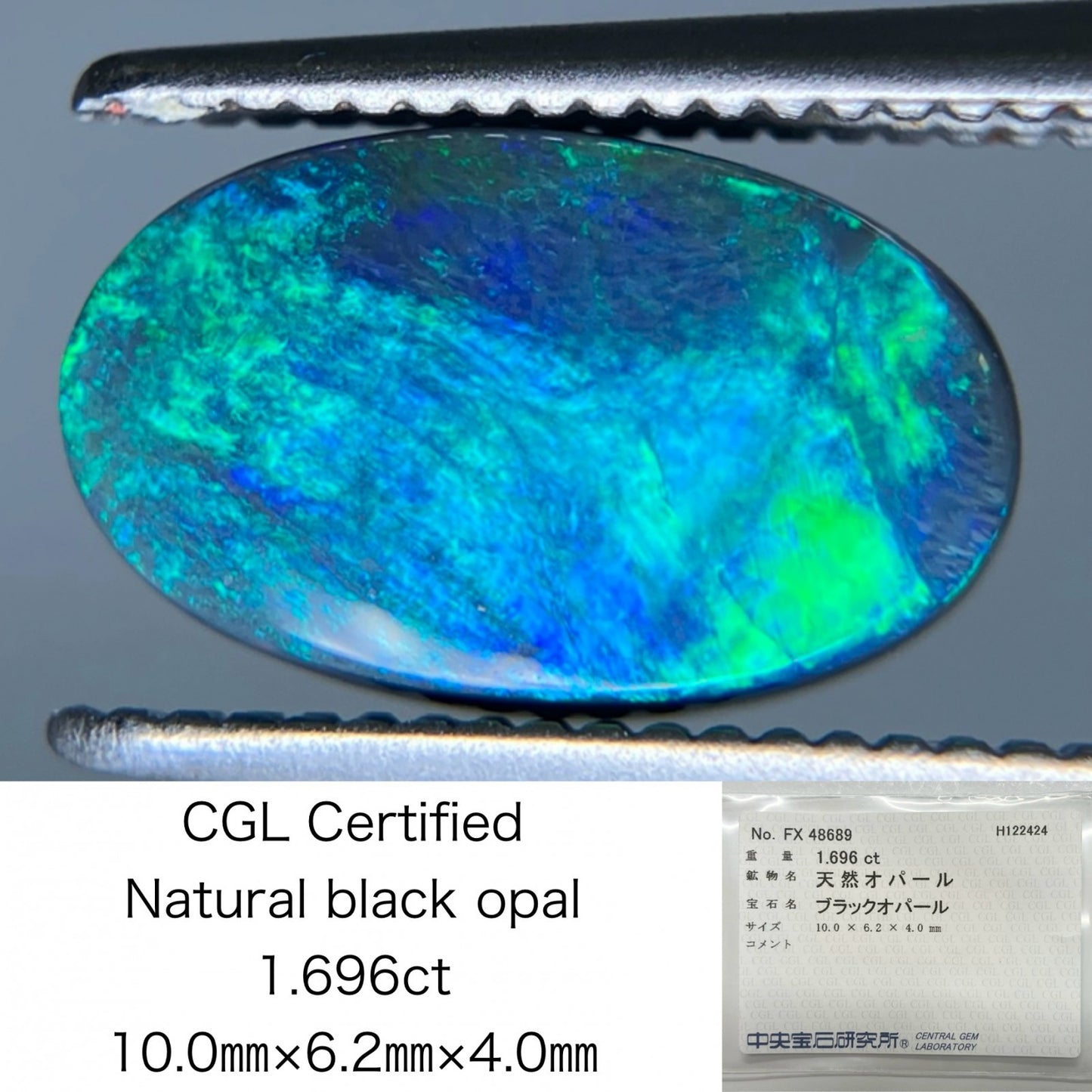 ブラックオパール 1.696ct 中央宝石ソーティング付き 10.0㎜×6.2㎜×4.0㎜ ルース（ 裸石 ） 3645S