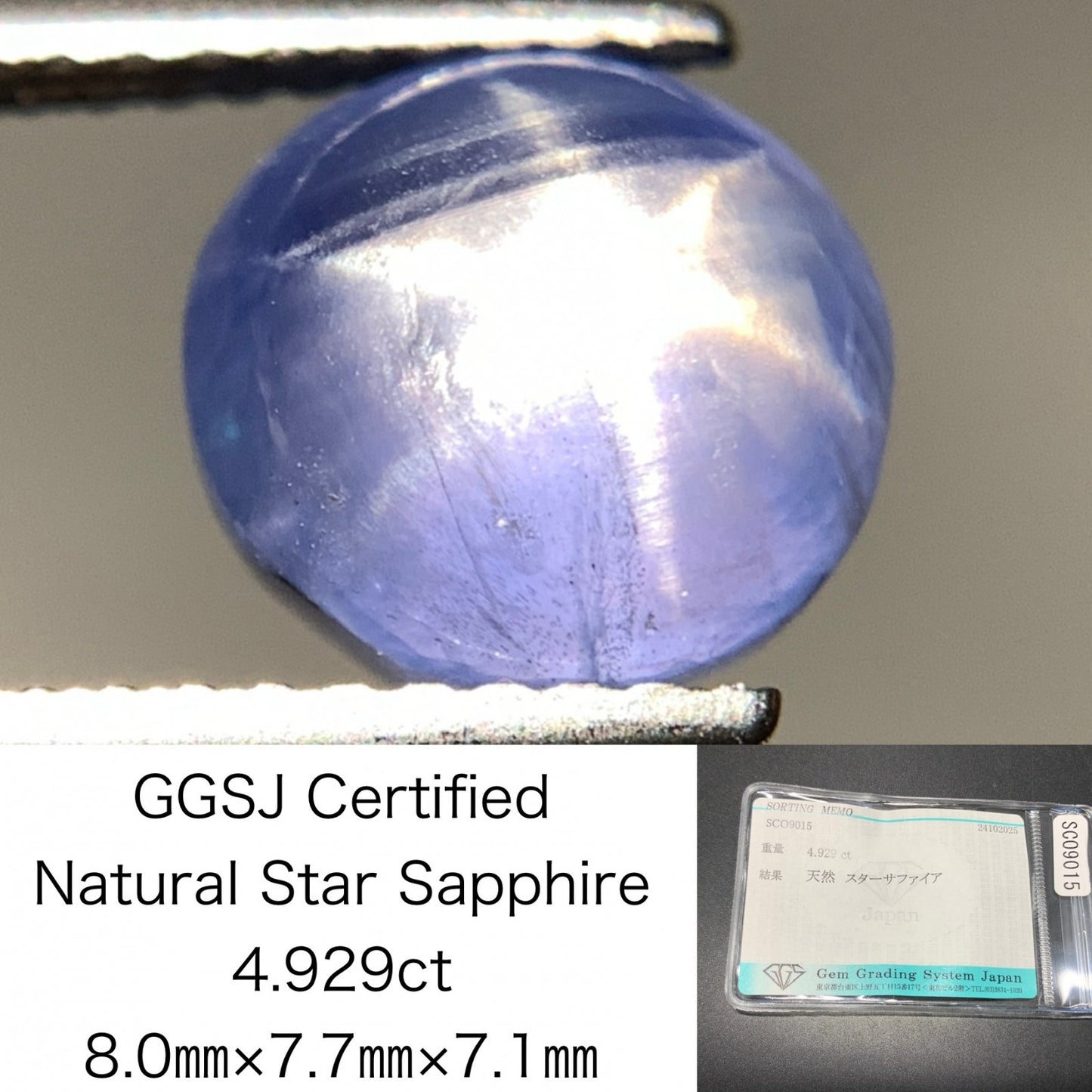 スターサファイア 天然 4.929ct 宝石ソーティング付き 8.0㎜×7.7㎜×7.1㎜ ルース（ 裸石 ） 7194Y