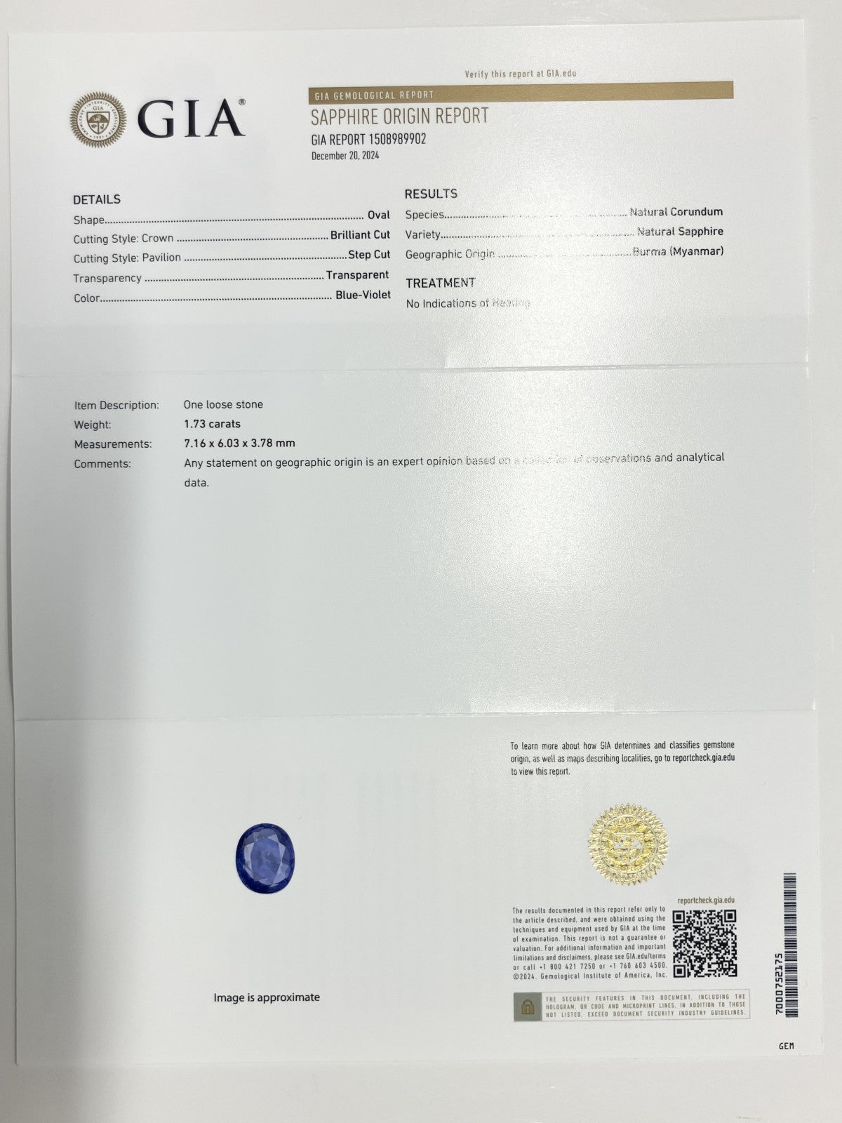 サファイア 1.73ct GIA鑑別書付き 非加熱 ビルマ産 7.16㎜×6.03㎜×3.78㎜ ルース（ 裸石 ） 3291S