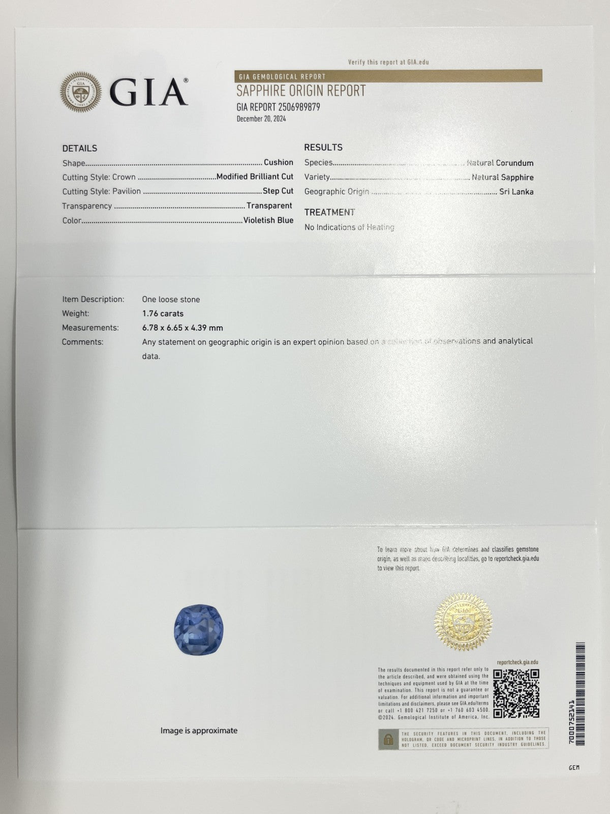 サファイア 1.76ct GIA鑑別書付き 非加熱 スリランカ産 6.78㎜×6.65㎜×4.39㎜ ルース（ 裸石 ） 3287S