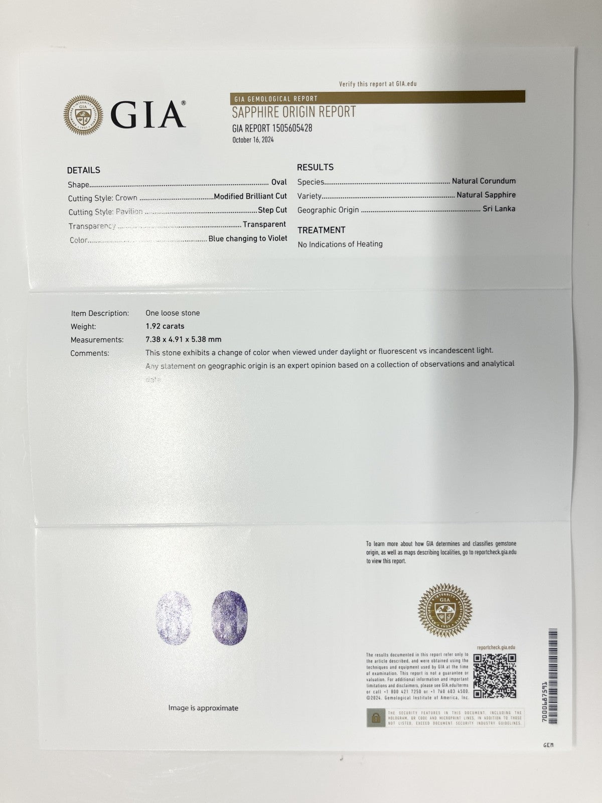 サファイア　カラーチェンジ 1.92ct GIA鑑別書付き 非加熱 スリランカ産 6.78㎜×6.65㎜×4.39㎜ ルース（ 裸石 ） 2791S