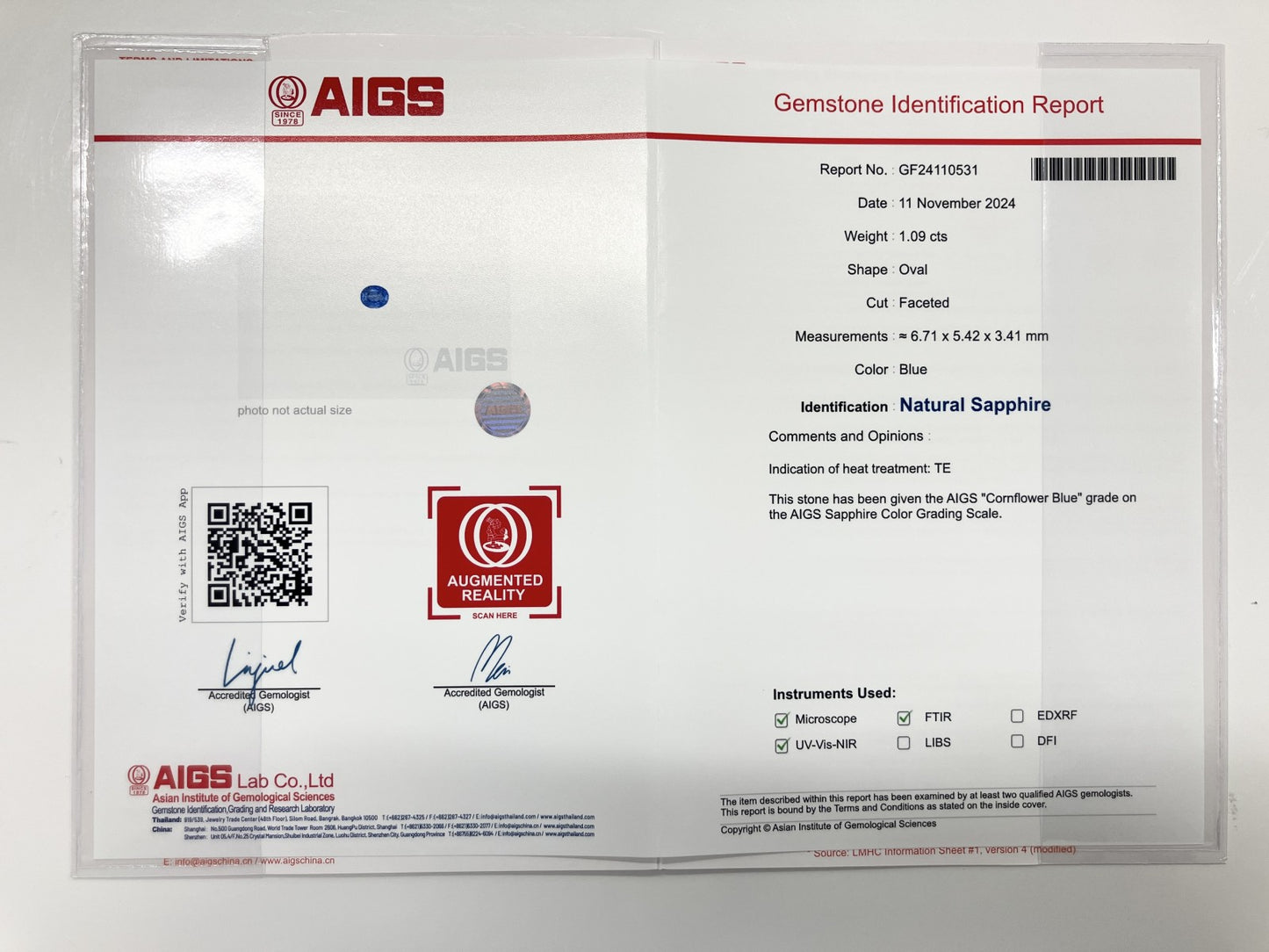 サファイア　 1.09ct AIGS鑑別書付き コンフラワーブルー（CF） 6.71㎜×5.42㎜×3.41㎜ ルース（ 裸石 ） 3061S