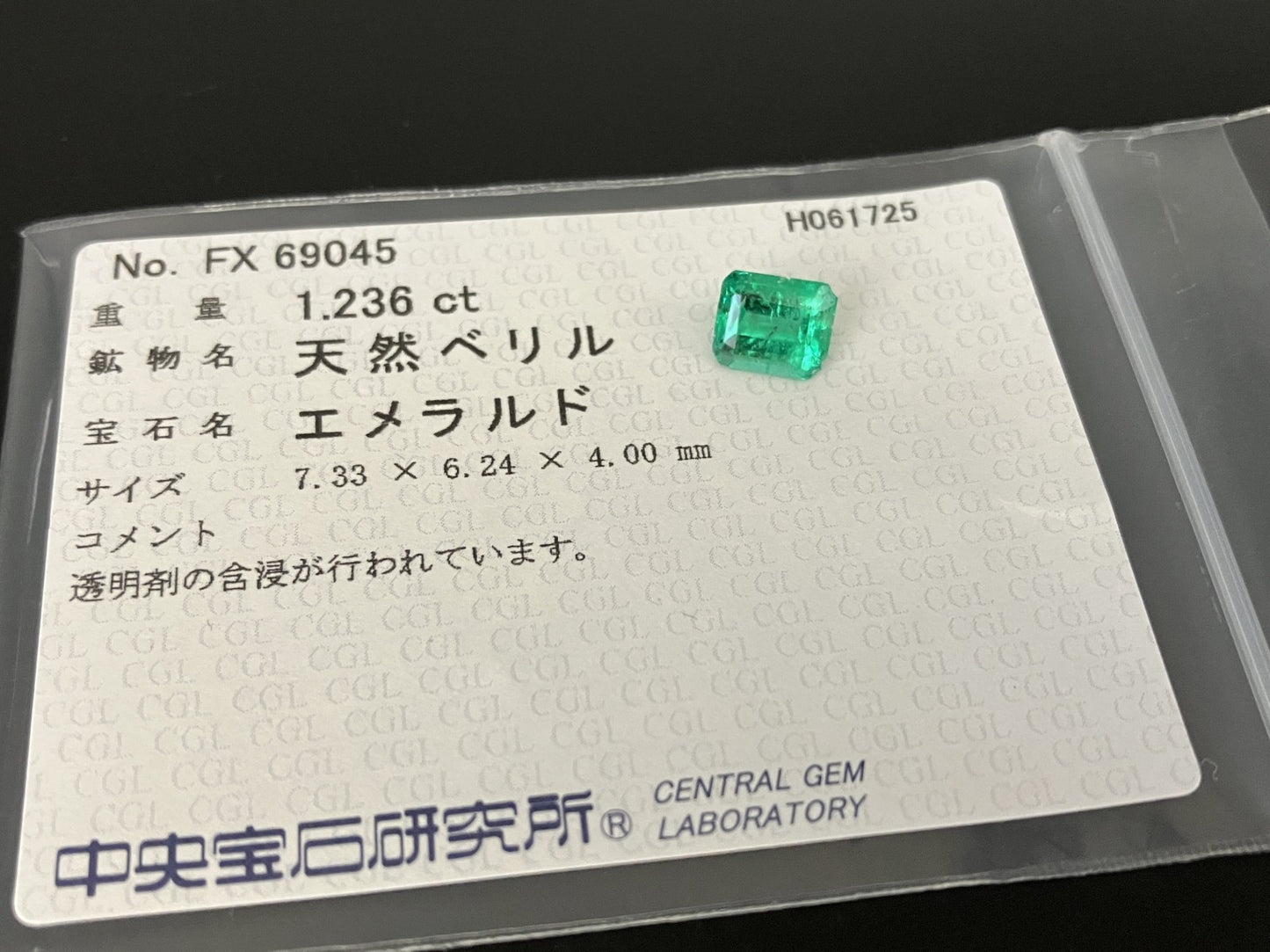 エメラルド  天然  1.236ct  中央宝石ソーティング付き  7.33㎜×6.24㎜×4.00㎜   天然 ルース（ 裸石 ） 5545YY