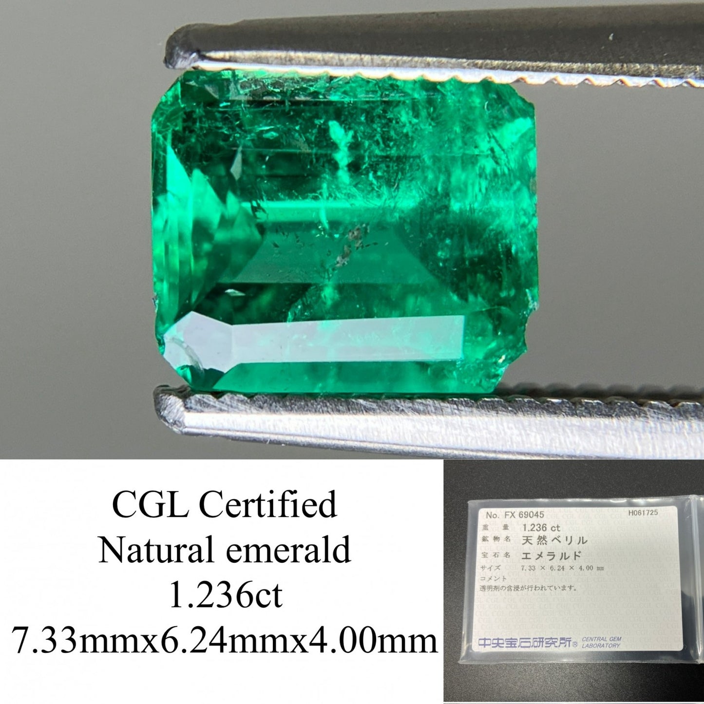 エメラルド  天然  1.236ct  中央宝石ソーティング付き  7.33㎜×6.24㎜×4.00㎜   天然 ルース（ 裸石 ） 5545YY