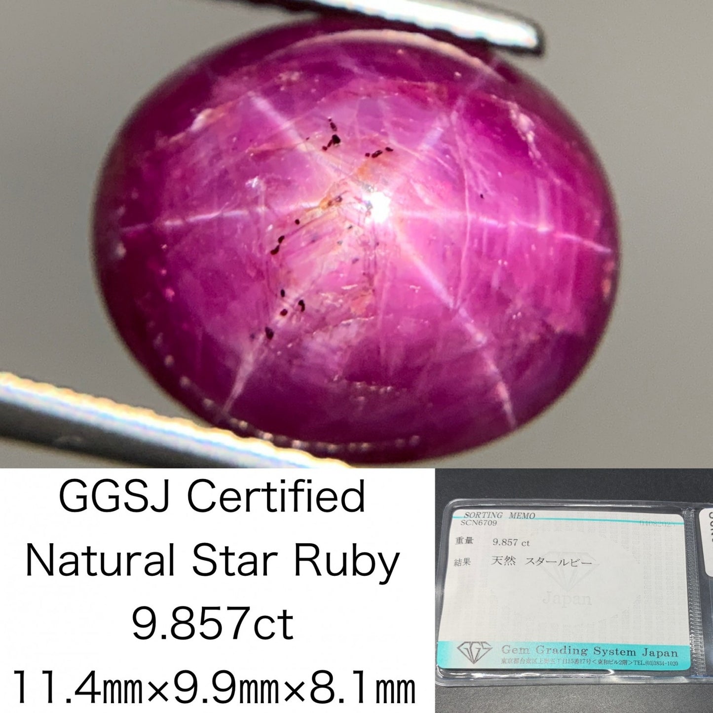 スタールビー 天然 9.857ct 宝石ソーティング付き 11.4㎜×9.9㎜×8.1㎜ ルース（ 裸石 ） 6382Y