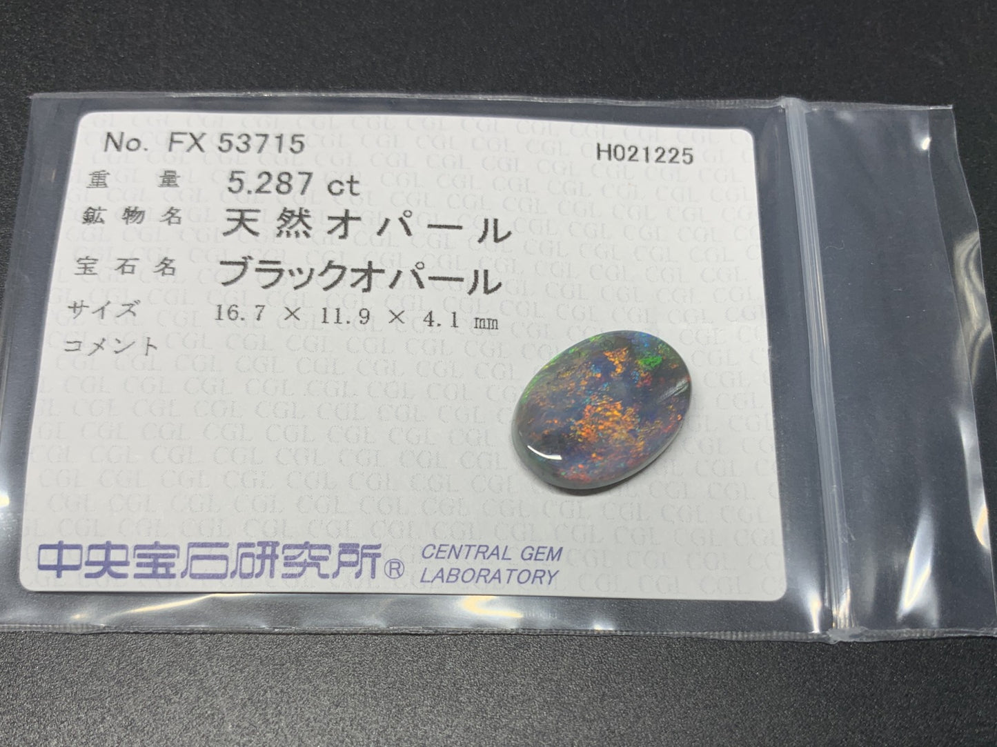 ブラックオパール 5.287ct  中央宝石ソーティング付き  16.7㎜×11.9㎜×4.1㎜  ルース（ 裸石 ） 4032Y