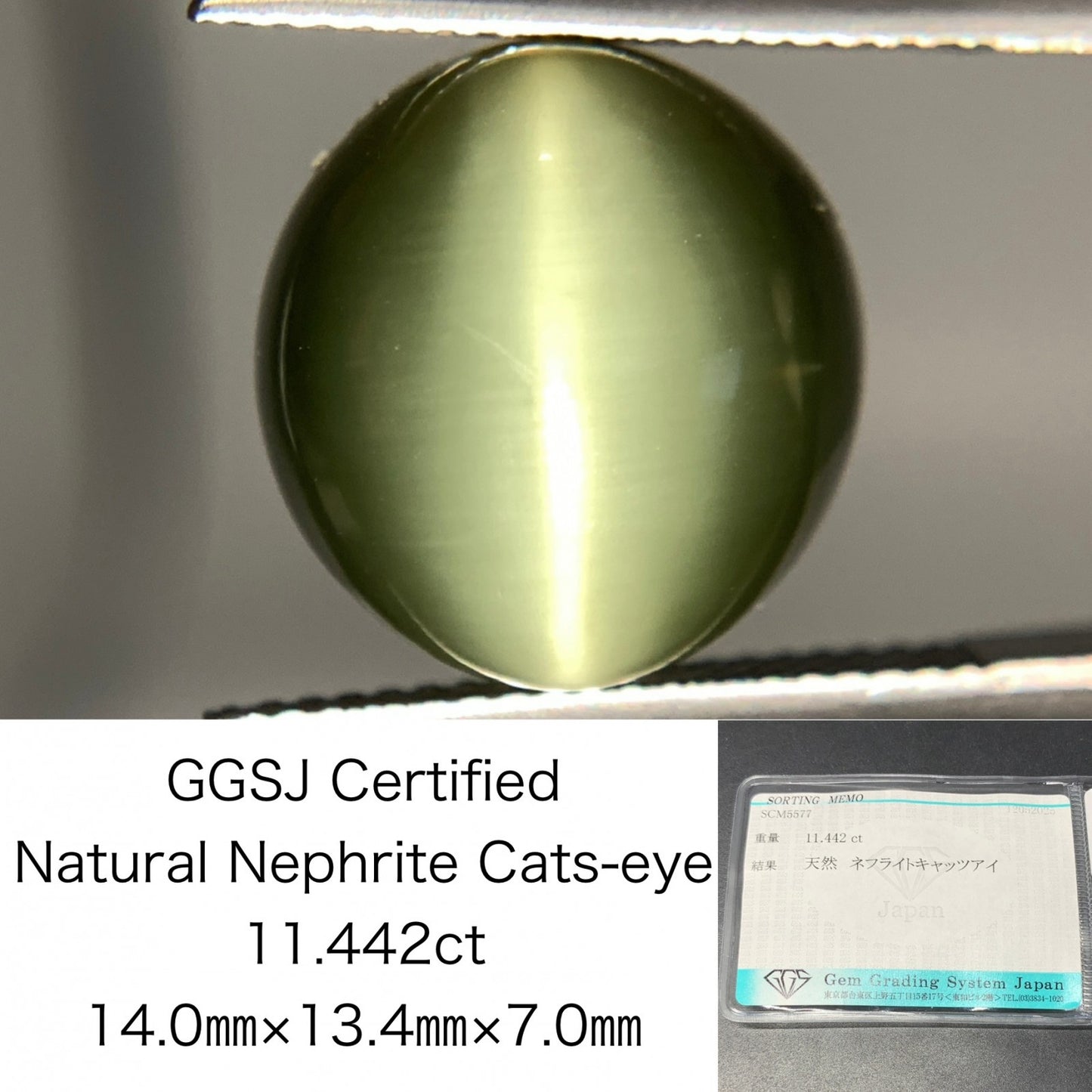ネフライトキャッツアイ 天然  11.442ct  宝石ソーティング付き  14.0㎜×13.4㎜×7.0㎜  ルース（ 裸石 ）  5033Y