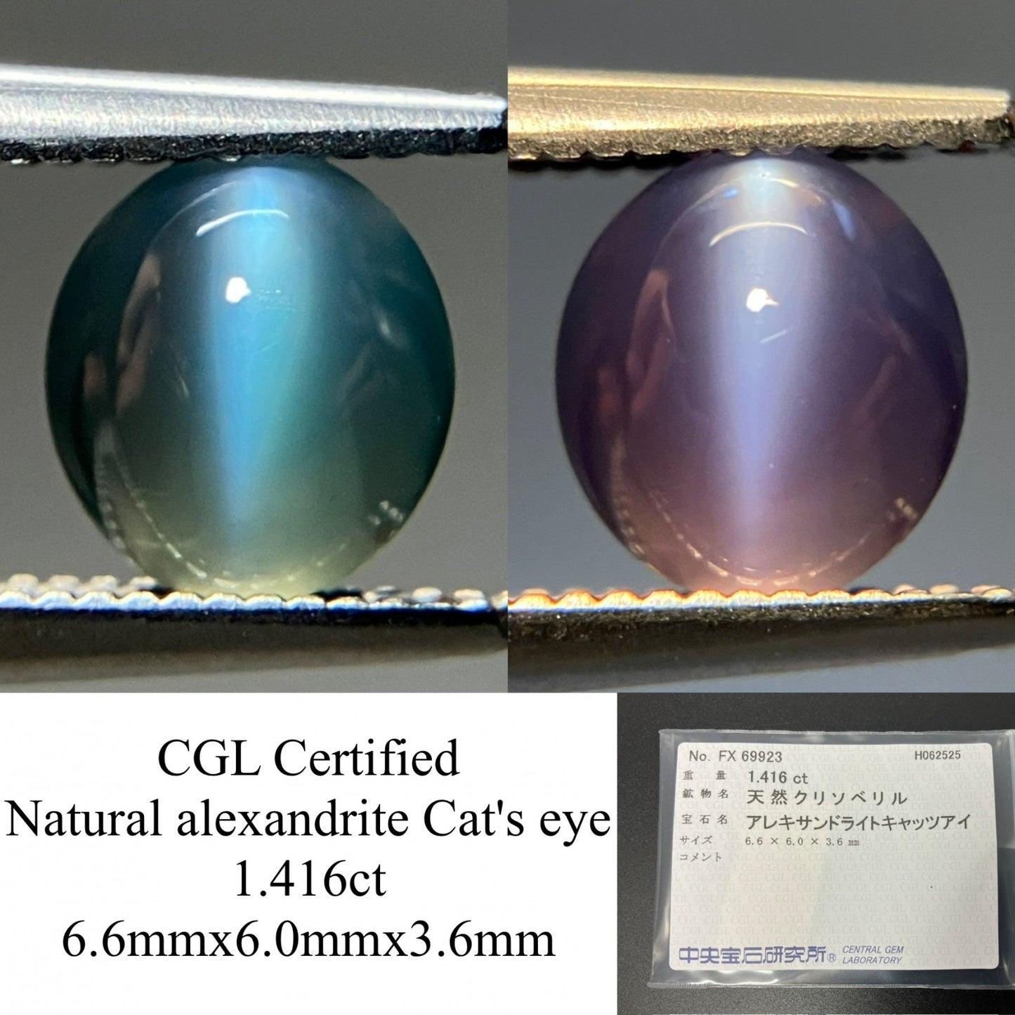 アレキサンドライトキャッツアイ  天然  1.416ct  中央宝石ソーティング付き 6.6㎜×6.0㎜×3.6㎜   天然 ルース（ 裸石 ） 5629YY