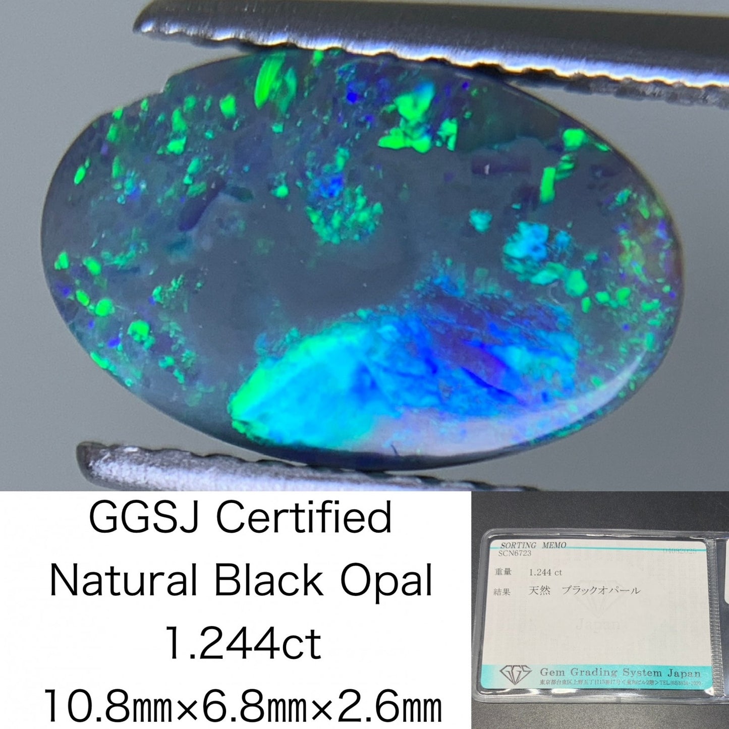 ブラックオパール 天然 1.244ct 宝石ソーティング付き 10.8㎜×6.8㎜×2.6㎜ ルース（ 裸石 ） 6342Y