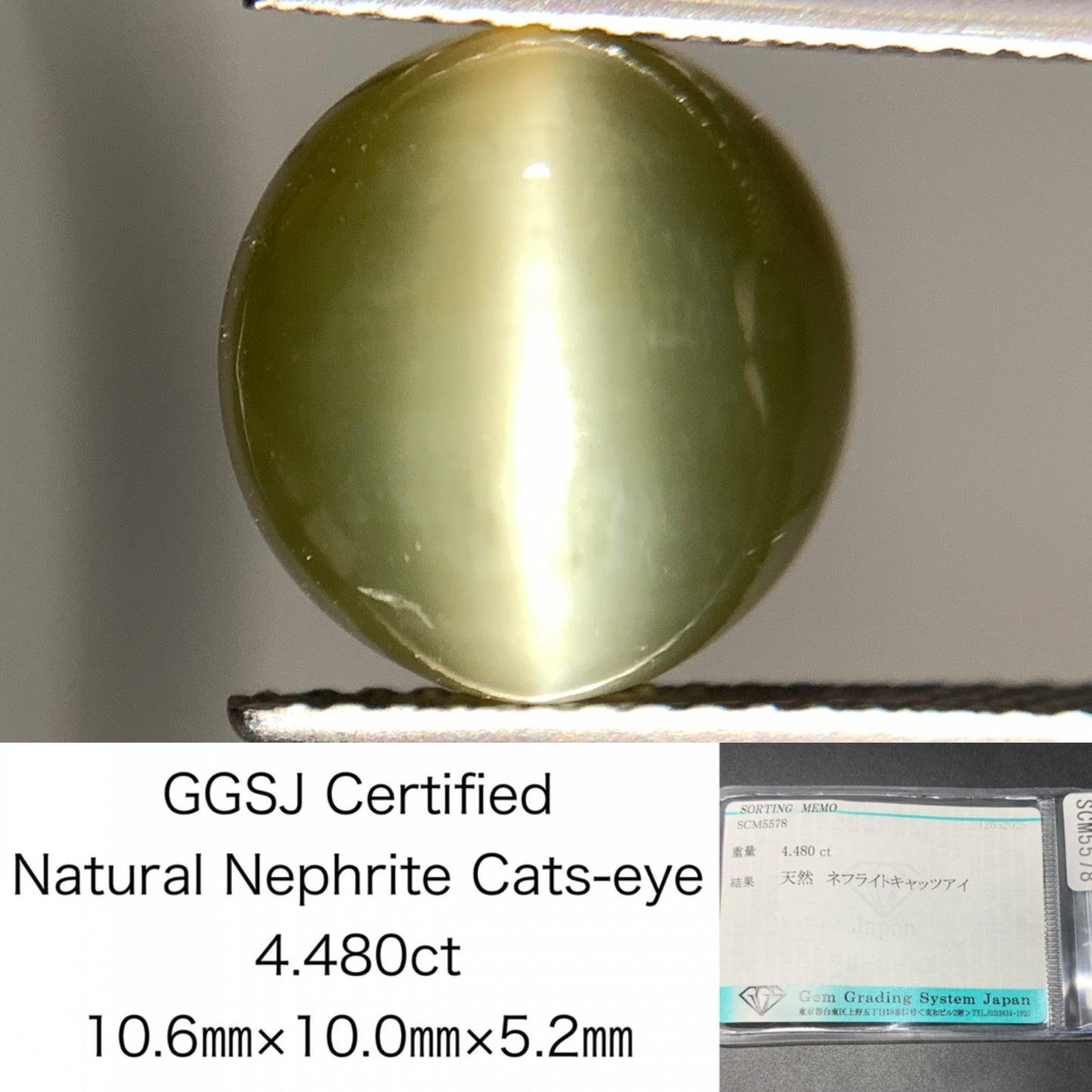 ネフライトキャッツアイ 天然 4.480ct 宝石ソーティング付き 10.6㎜×10.0㎜×5.2㎜ ルース（ 裸石 ） 5036Y
