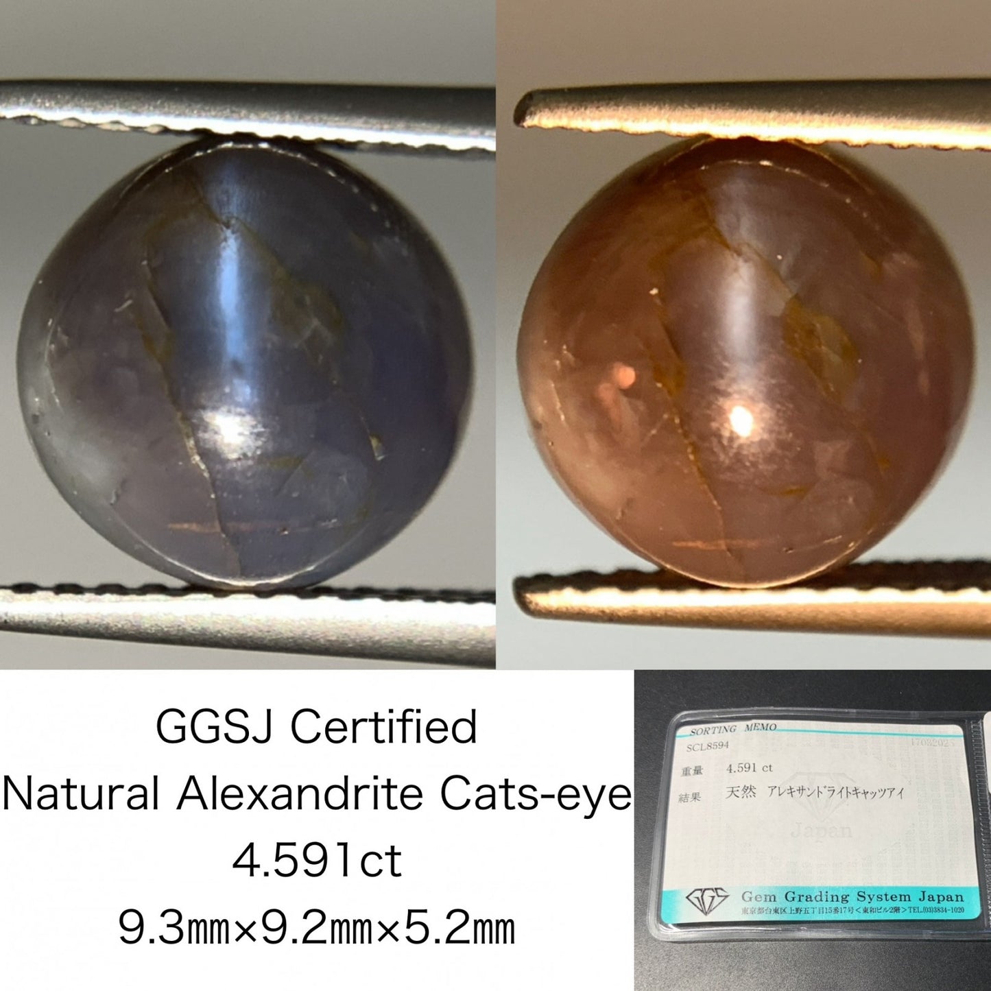 アレキサンドライトキャッツアイ 4.591ct 宝石ソーティング付き 9.3㎜×9.2㎜×5.2㎜ 天然 ルース（ 裸石 ） 2484Y
