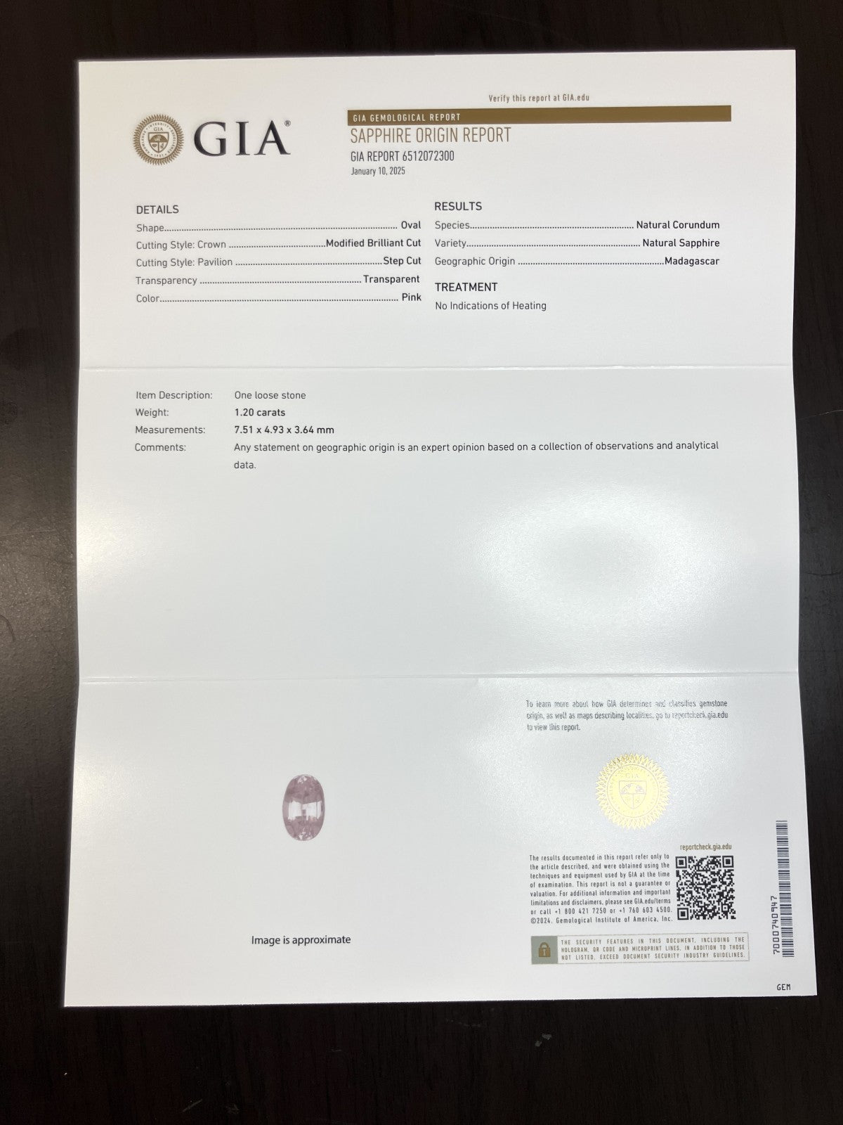 サファイア 1.20ct GIA鑑別書付き 非加熱 7.51㎜×4.93㎜×3.64㎜ ルース（ 裸石 ） 3827YY