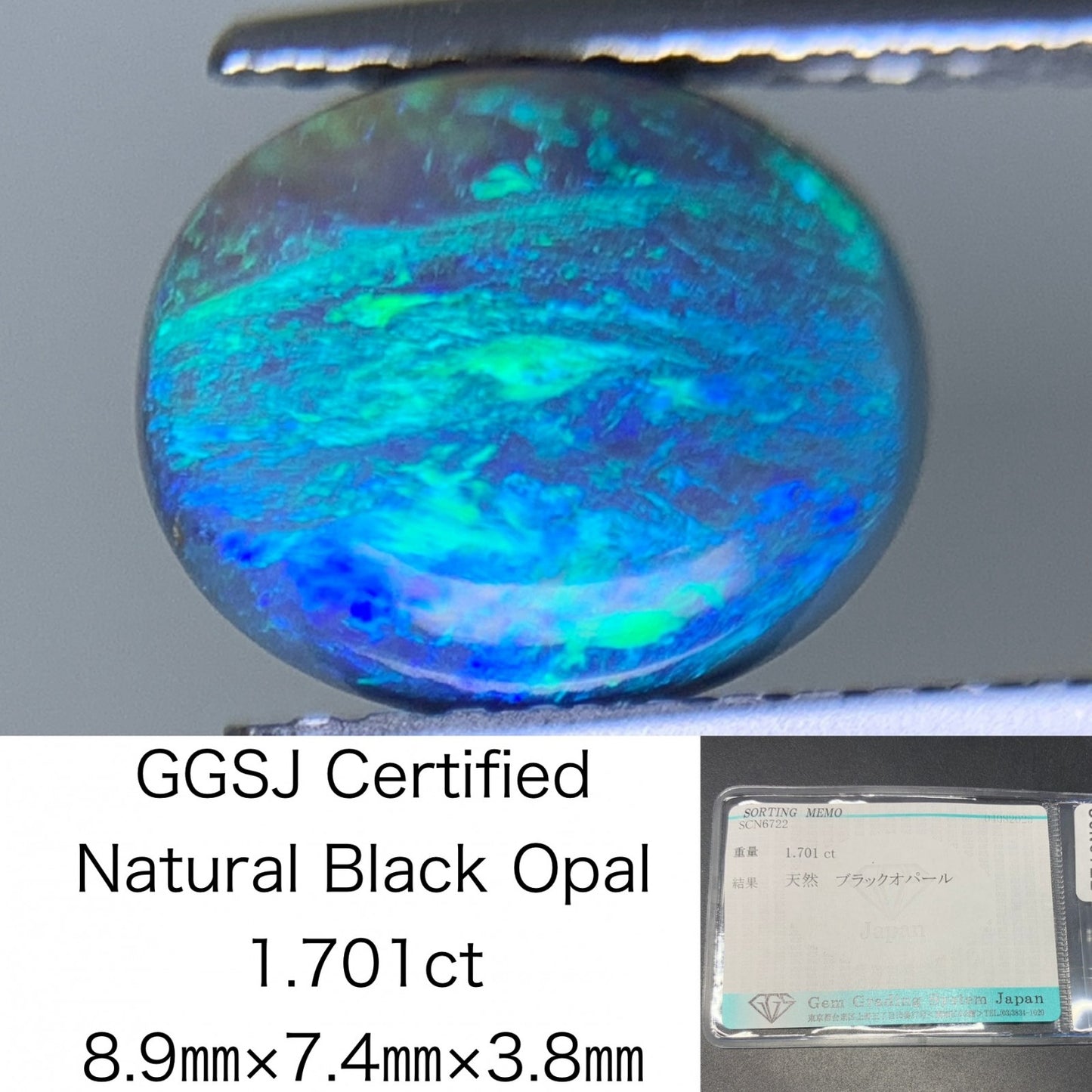 ブラックオパール 天然 1.701ct 宝石ソーティング付き 8.9㎜×7.4㎜×3.8㎜ ルース（ 裸石 ） 6198Y