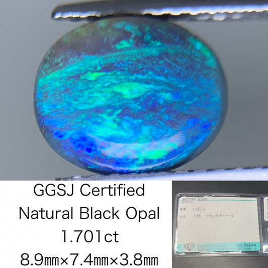 ブラックオパール 天然 1.701ct 宝石ソーティング付き 8.9㎜×7.4㎜×3.8㎜ ルース（ 裸石 ） 6198Y