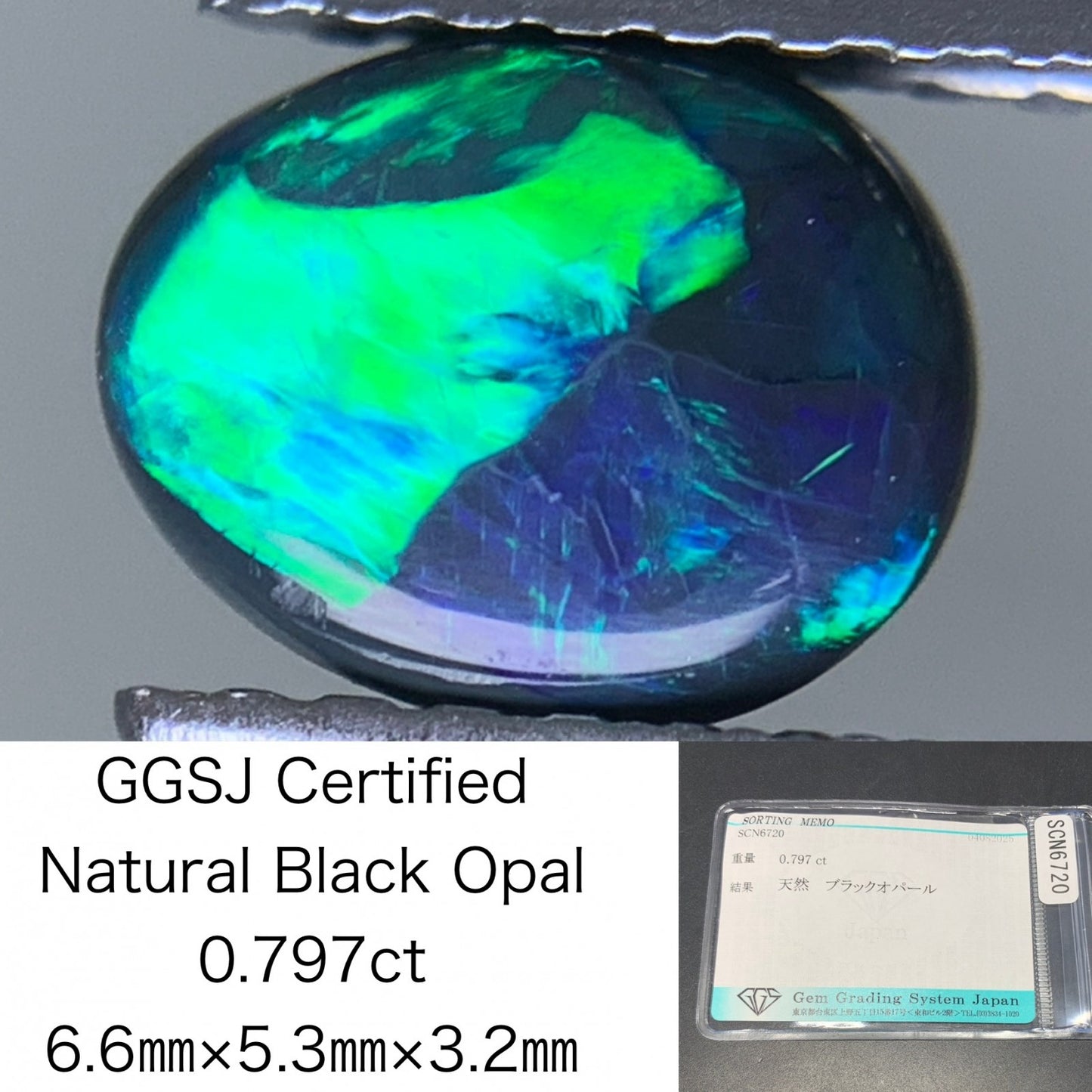 ブラックオパール 天然 0.797ct 宝石ソーティング付き 6.6㎜×5.3㎜×3.2㎜ ルース（ 裸石 ） 6230Y