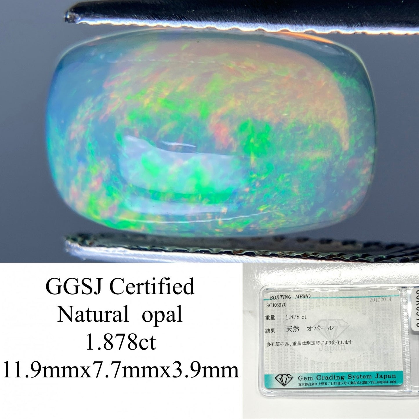 オパール 1.878ct 宝石ソーティング付き  11.9㎜×7.7㎜×3.9㎜  ルース（ 裸石 ） 3629YY