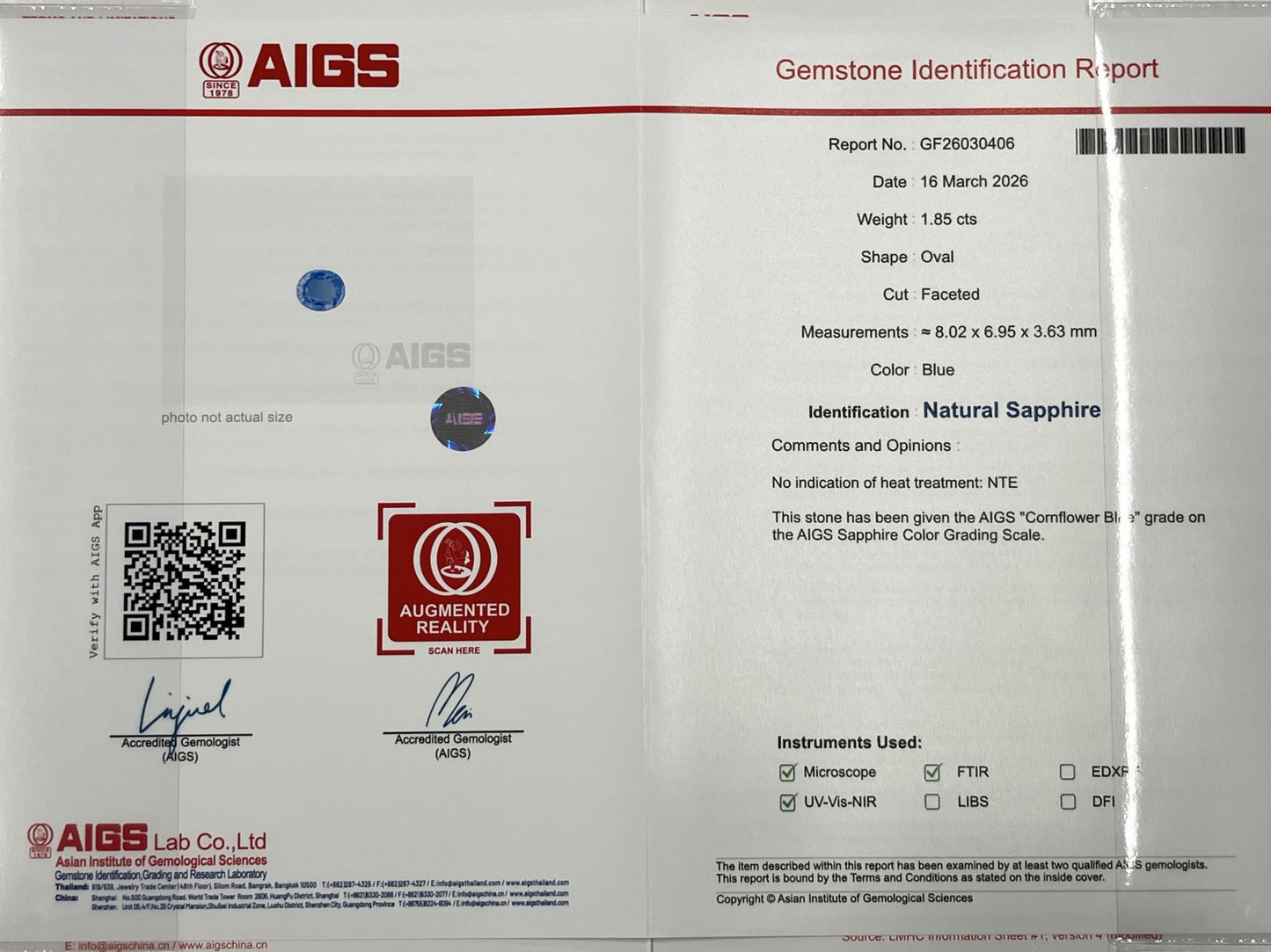 サファイア 1.85ct 非加熱 NoHeat コンフラワーブルー Cornflower blue AIGS鑑別書 D0.78ct PT900 4.7g 指輪 8178K
