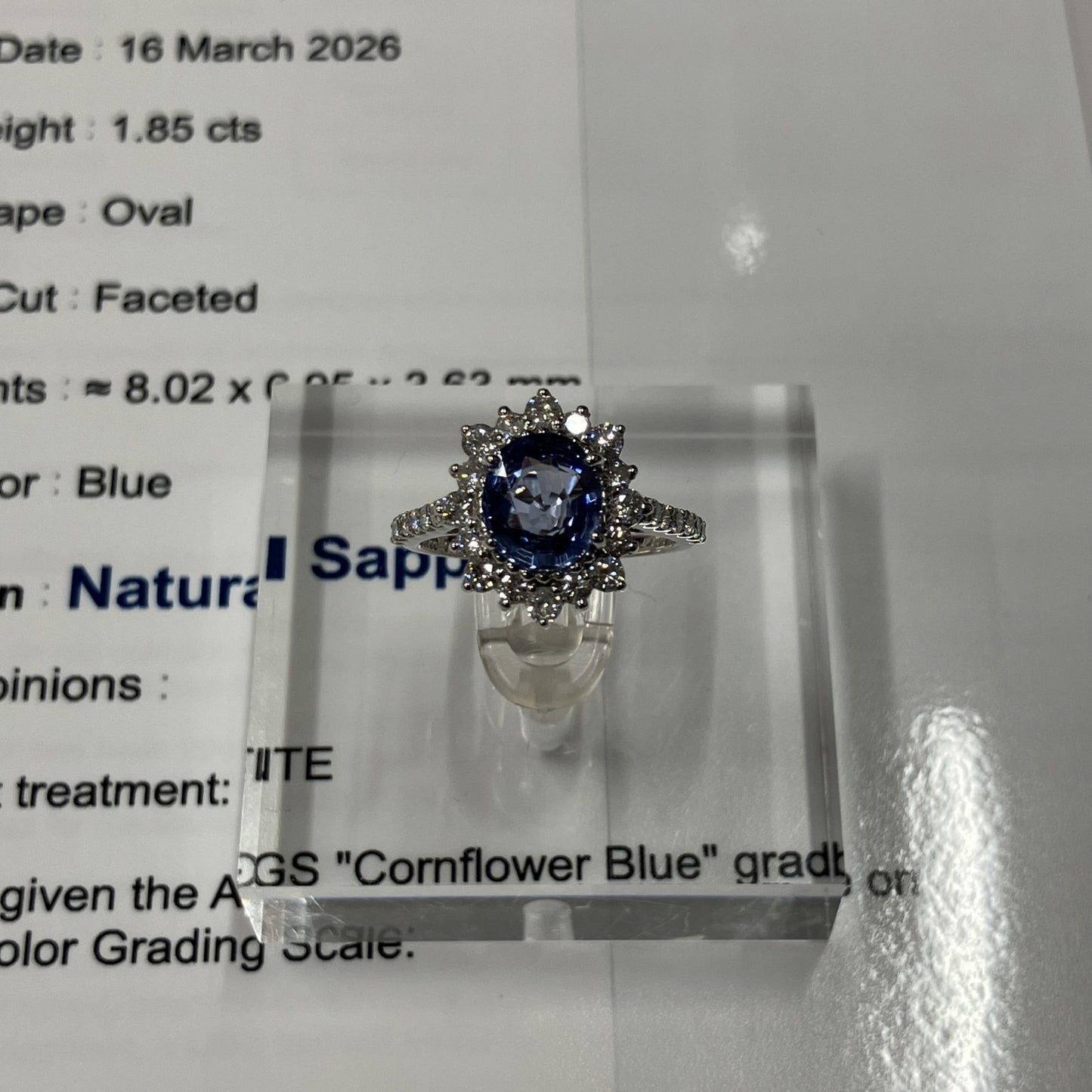 サファイア 1.85ct 非加熱 NoHeat コンフラワーブルー Cornflower blue AIGS鑑別書 D0.78ct PT900 4.7g 指輪 8178K