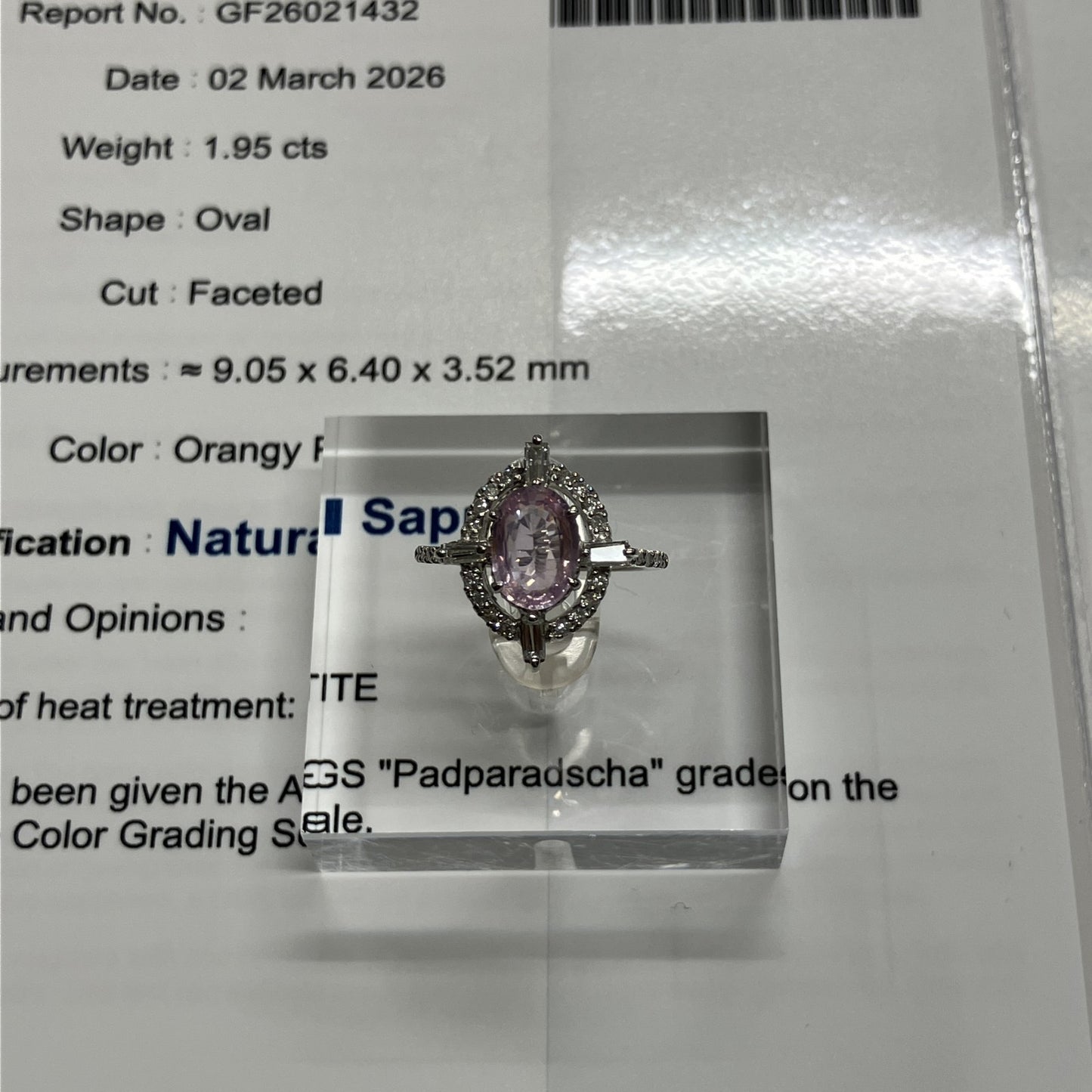 サファイア 1.95ct パパラチャ Padparadscha 非加熱 No heat AIGS鑑別書 D0.48ct PT900 4.4g 指輪 （JP11号） サイズ直し無料 8712K