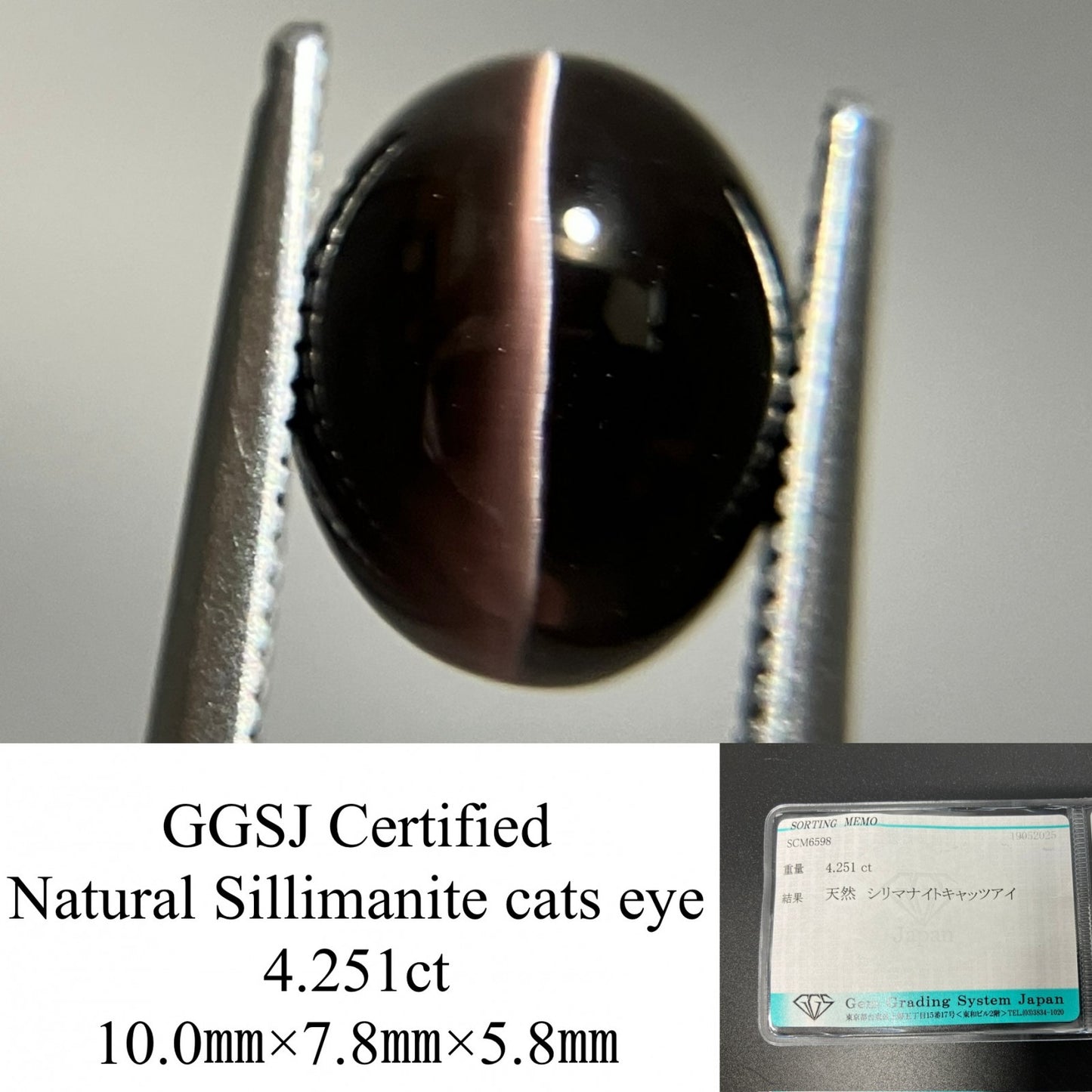 シリマナイトキャッツアイ  天然   4.251ct   宝石ソーティング付き   10.0㎜×7.8㎜×5.8㎜    天然 ルース（ 裸石 ）  5087YY