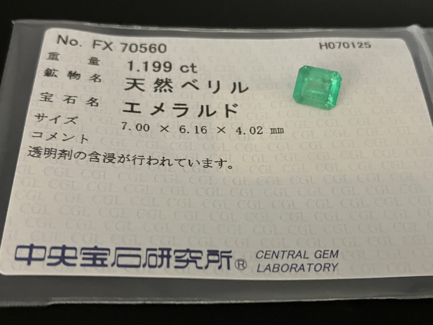エメラルド  天然  1.199ct  中央宝石ソーティング付き 7.00㎜×6.16㎜×4.02㎜   天然 ルース（ 裸石 ） 5762YY
