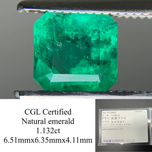 エメラルド  天然  1.132ct  中央宝石ソーティング付き 6.51㎜×6.35㎜×4.11㎜   天然 ルース（ 裸石 ） 5788YY
