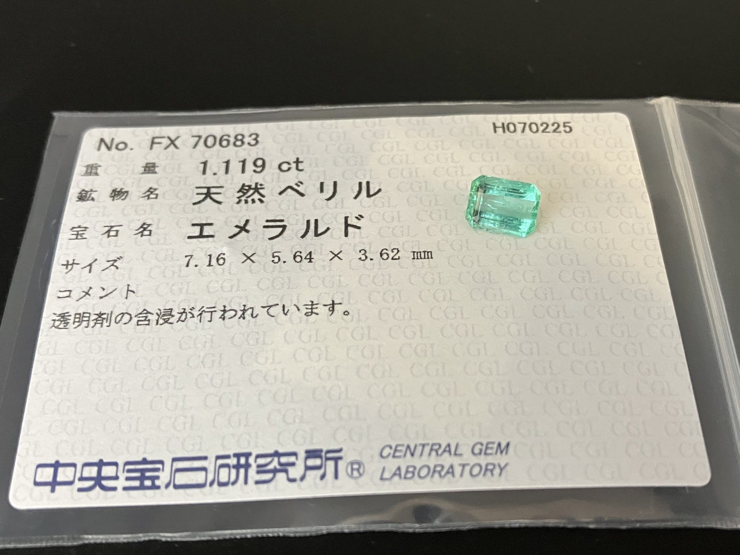 エメラルド 天然 1.119ct 中央宝石ソーティング付き 7.16㎜×5.64㎜×3.62㎜ 天然 ルース（ 裸石 ） 5795YY