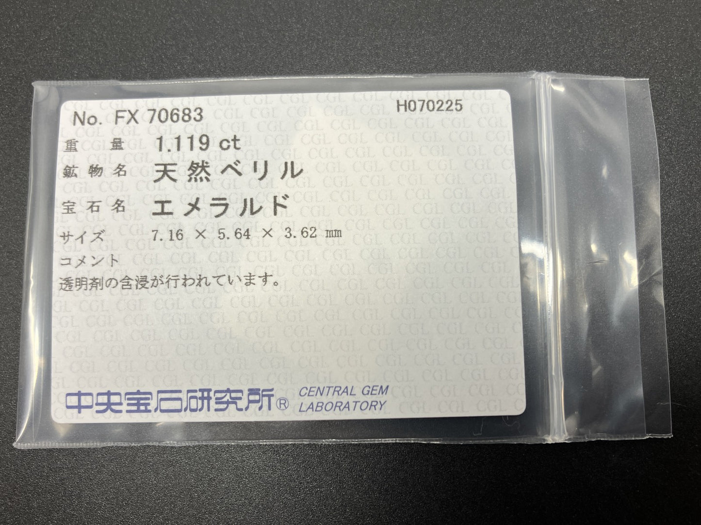 エメラルド 天然 1.119ct 中央宝石ソーティング付き 7.16㎜×5.64㎜×3.62㎜ 天然 ルース（ 裸石 ） 5795YY