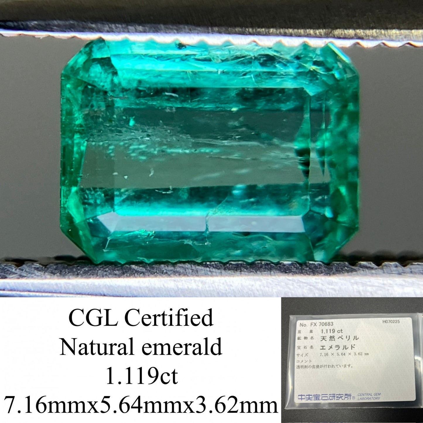 エメラルド 天然 1.119ct 中央宝石ソーティング付き 7.16㎜×5.64㎜×3.62㎜ 天然 ルース（ 裸石 ） 5795YY