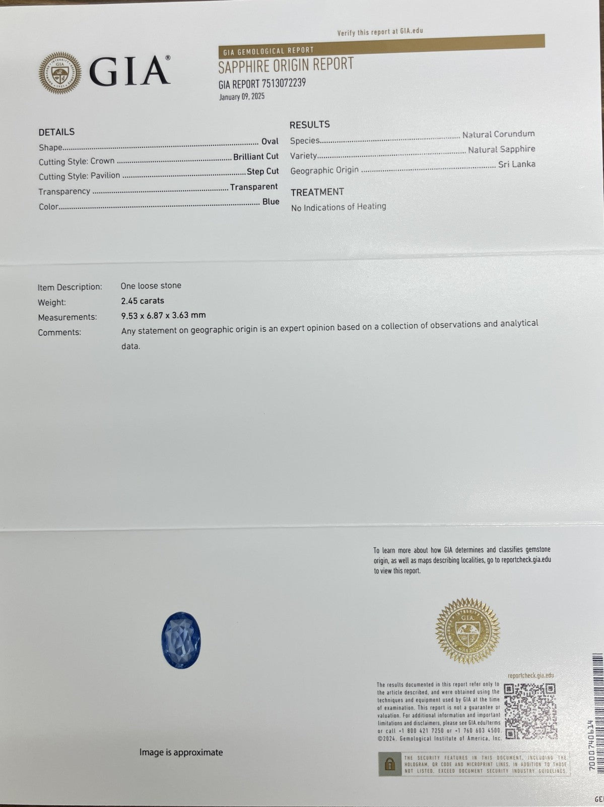 サファイア 2.45ct GIA鑑別書付き 非加熱 9.53㎜×6.87㎜×3.63㎜ ルース（ 裸石 ） 3438YY