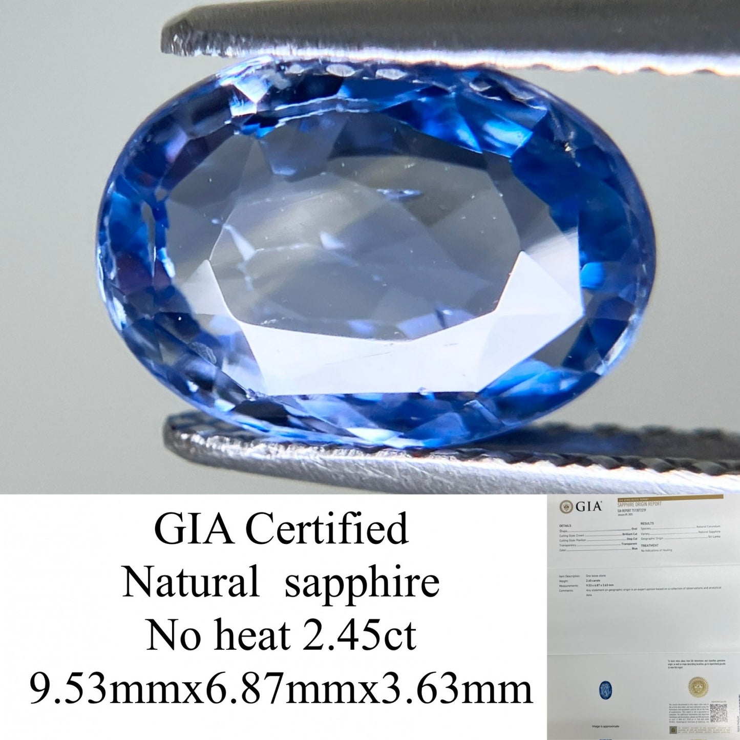 サファイア 2.45ct GIA鑑別書付き 非加熱 9.53㎜×6.87㎜×3.63㎜ ルース（ 裸石 ） 3438YY