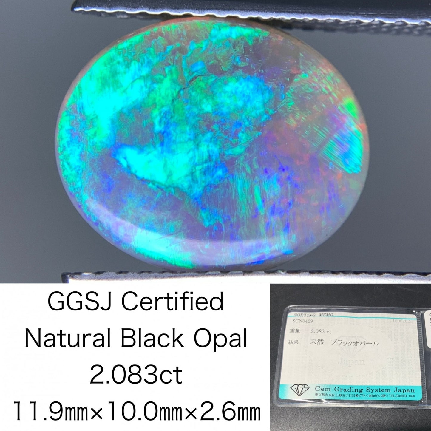 ブラックオパール 天然 2.083ct 宝石ソーティング付き 11.9㎜×10.0㎜×2.6㎜ ルース（ 裸石 ） 5570Y