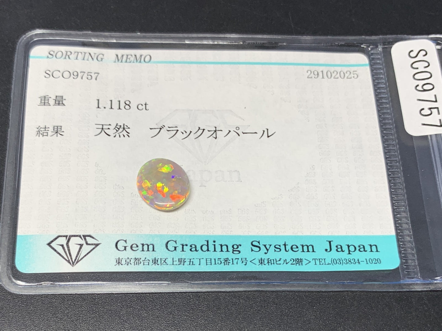 ブラックオパール 天然 1.118ct 宝石ソーティング付き 10.1㎜×8.5㎜×2.2㎜ ルース（ 裸石 ） 7270Y
