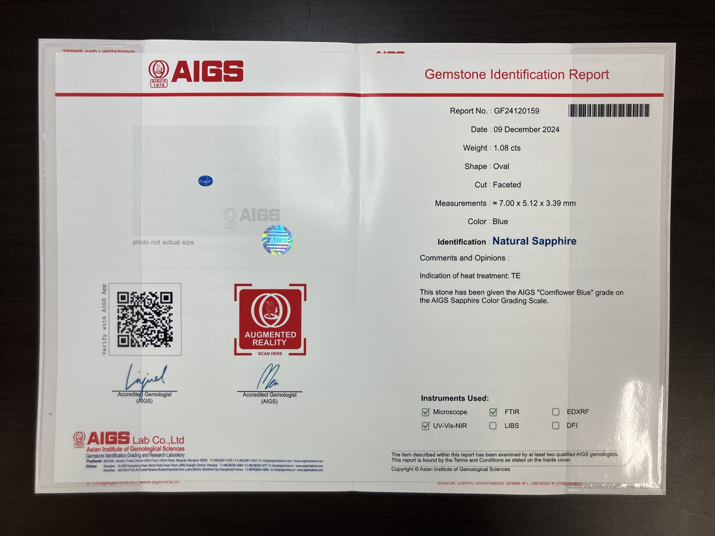 サファイア 1.08ct AIGS鑑別書付き  コーンフラワー（CF）7.00㎜×5.12㎜×3.39㎜ ルース（ 裸石 ） 3190YY