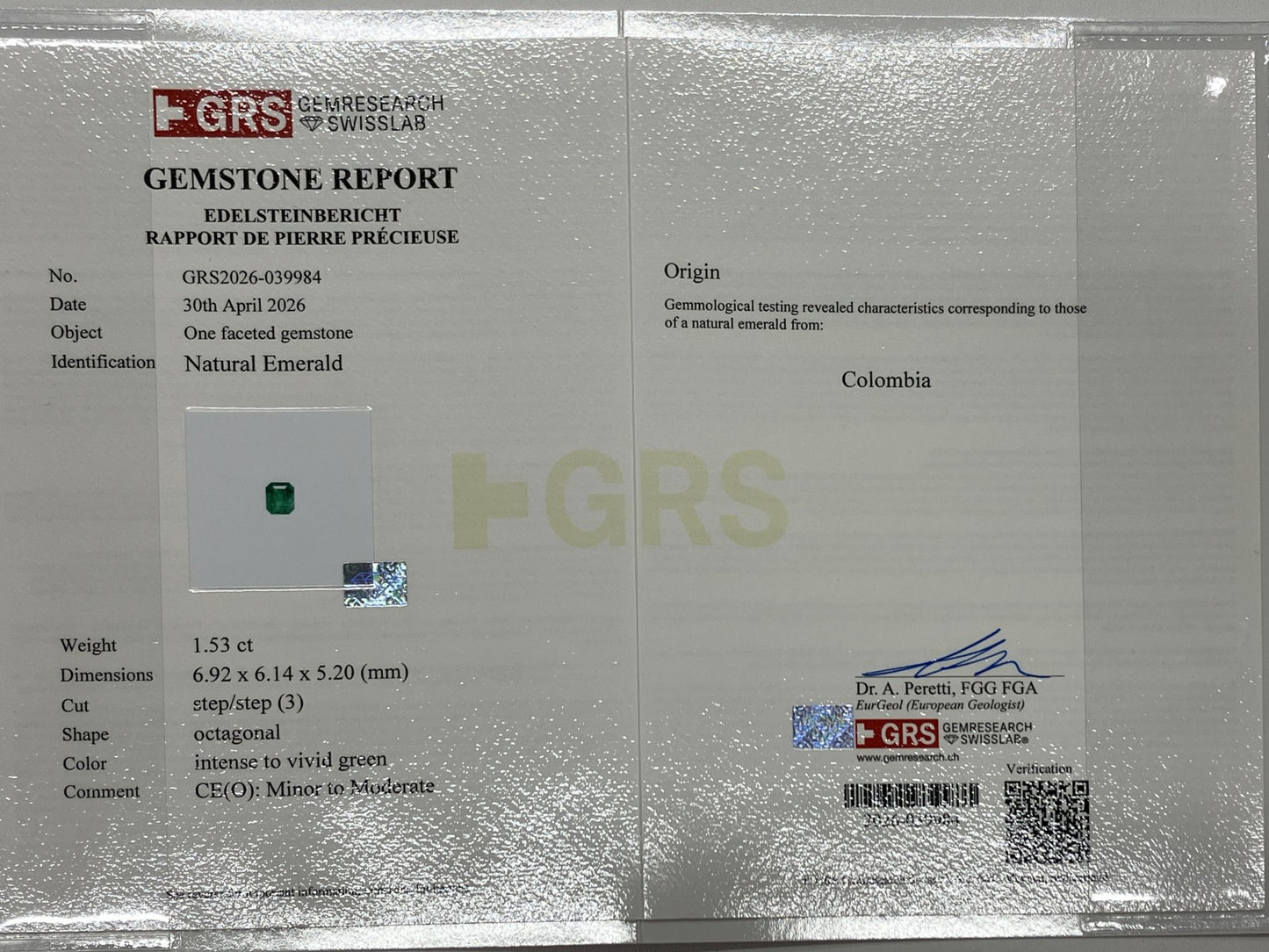 エメラルド 1.53ct Colombia intense to vivid green GRS鑑別書 D0.47ct PT900 6.0g 指輪 （JP12号） サイズ直し無料 7750K