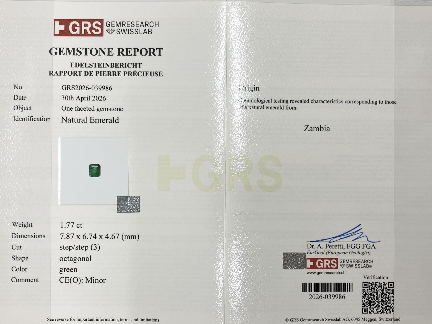 エメラルド 1.77ct Zambia GRS鑑別書 D0.34ct PT900 4.8g 指輪 （JP11号） サイズ直し無料 1285K
