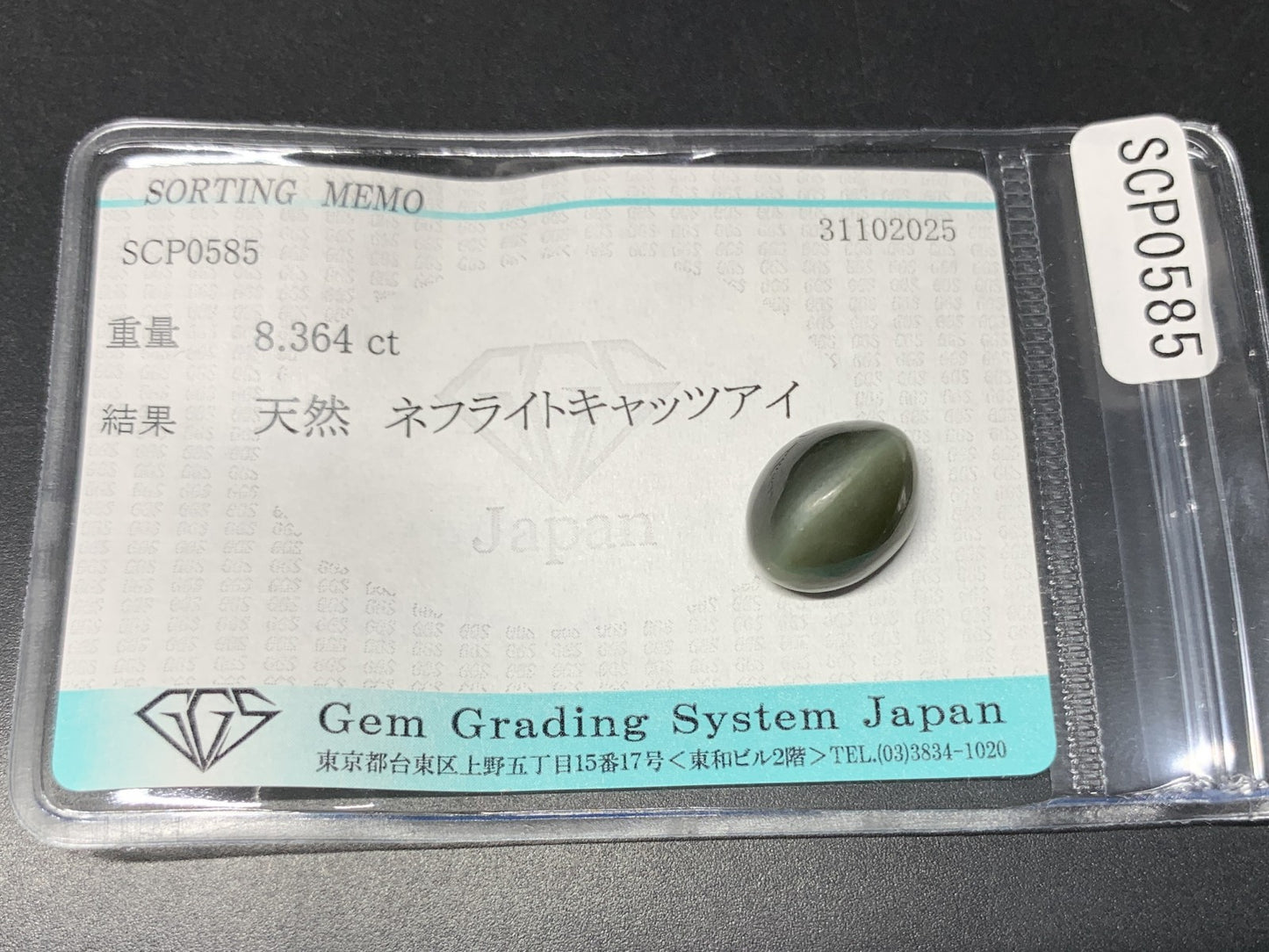ネフライトキャッツアイ 天然 8.364ct 宝石ソーティング付き 12.7㎜×10.1㎜×7.6㎜ ルース（ 裸石 ） 7318Y
