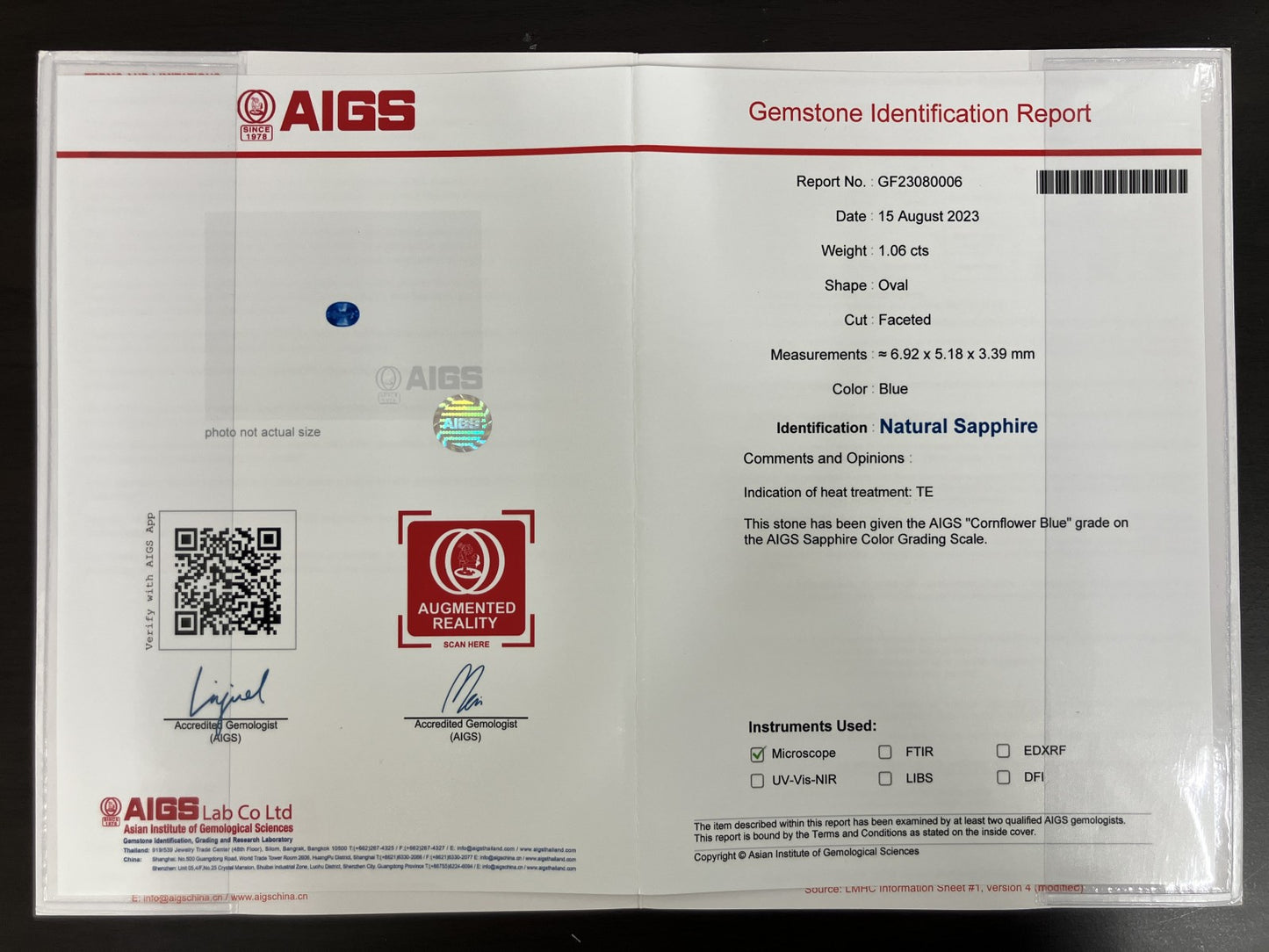 サファイア 1.06ct AIGS鑑別書付き コーンフラワー（CF）6.92㎜×5.18㎜×3.39㎜ ルース（ 裸石 ） 1926YY