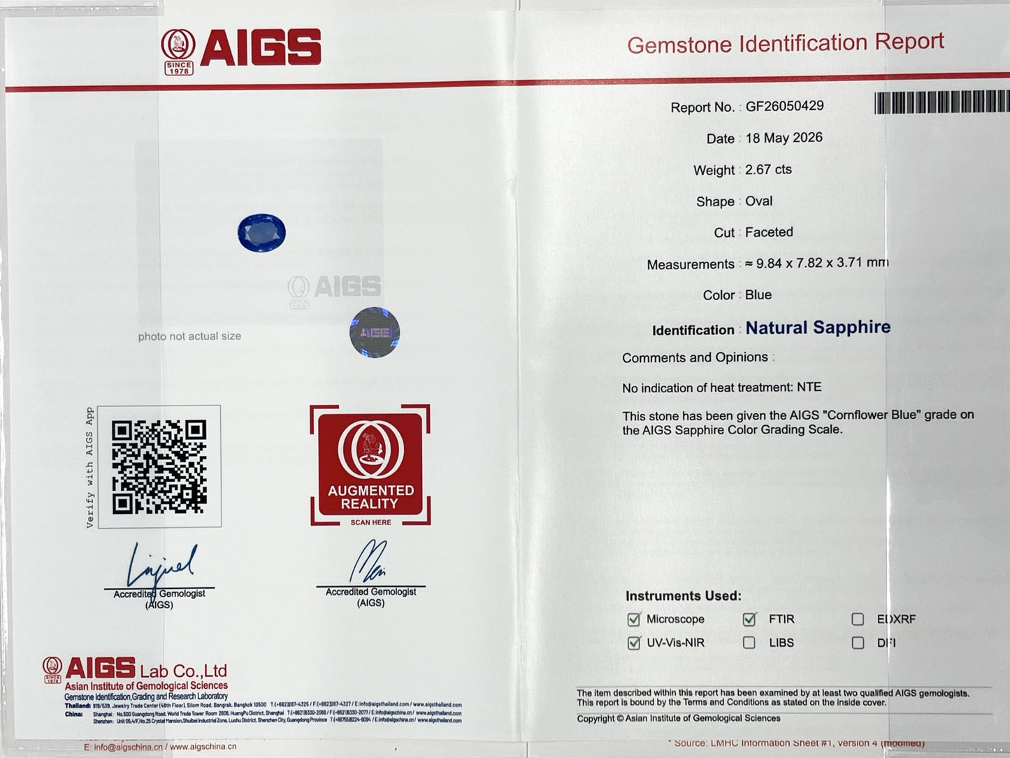 サファイア 2.67ct コンフラワーブルー 非加熱 AIGS鑑別書 D0.65ct PT900 4.9g 指輪 （JP9号） サイズ直し無料 9167K