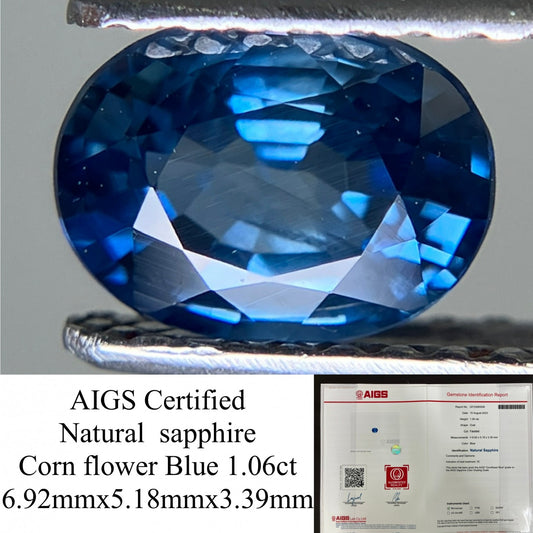 サファイア 1.06ct AIGS鑑別書付き コーンフラワー（CF）6.92㎜×5.18㎜×3.39㎜ ルース（ 裸石 ） 1926YY
