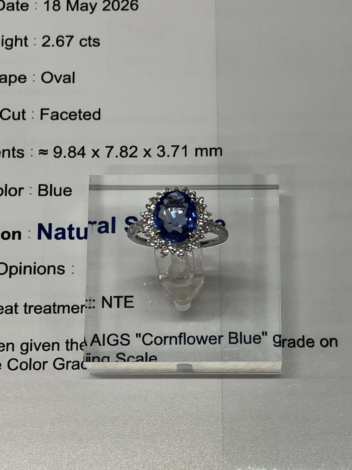 サファイア 2.67ct コンフラワーブルー 非加熱 AIGS鑑別書 D0.65ct PT900 4.9g 指輪 （JP9号） サイズ直し無料 9167K