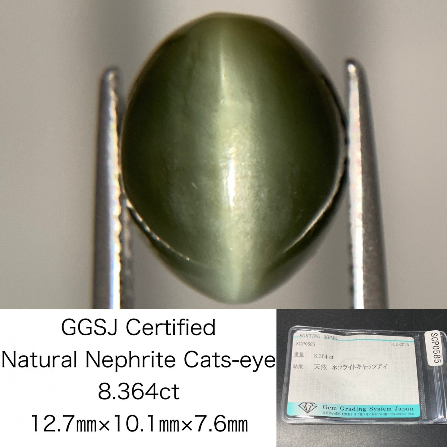 ネフライトキャッツアイ 天然 8.364ct 宝石ソーティング付き 12.7㎜×10.1㎜×7.6㎜ ルース（ 裸石 ） 7318Y