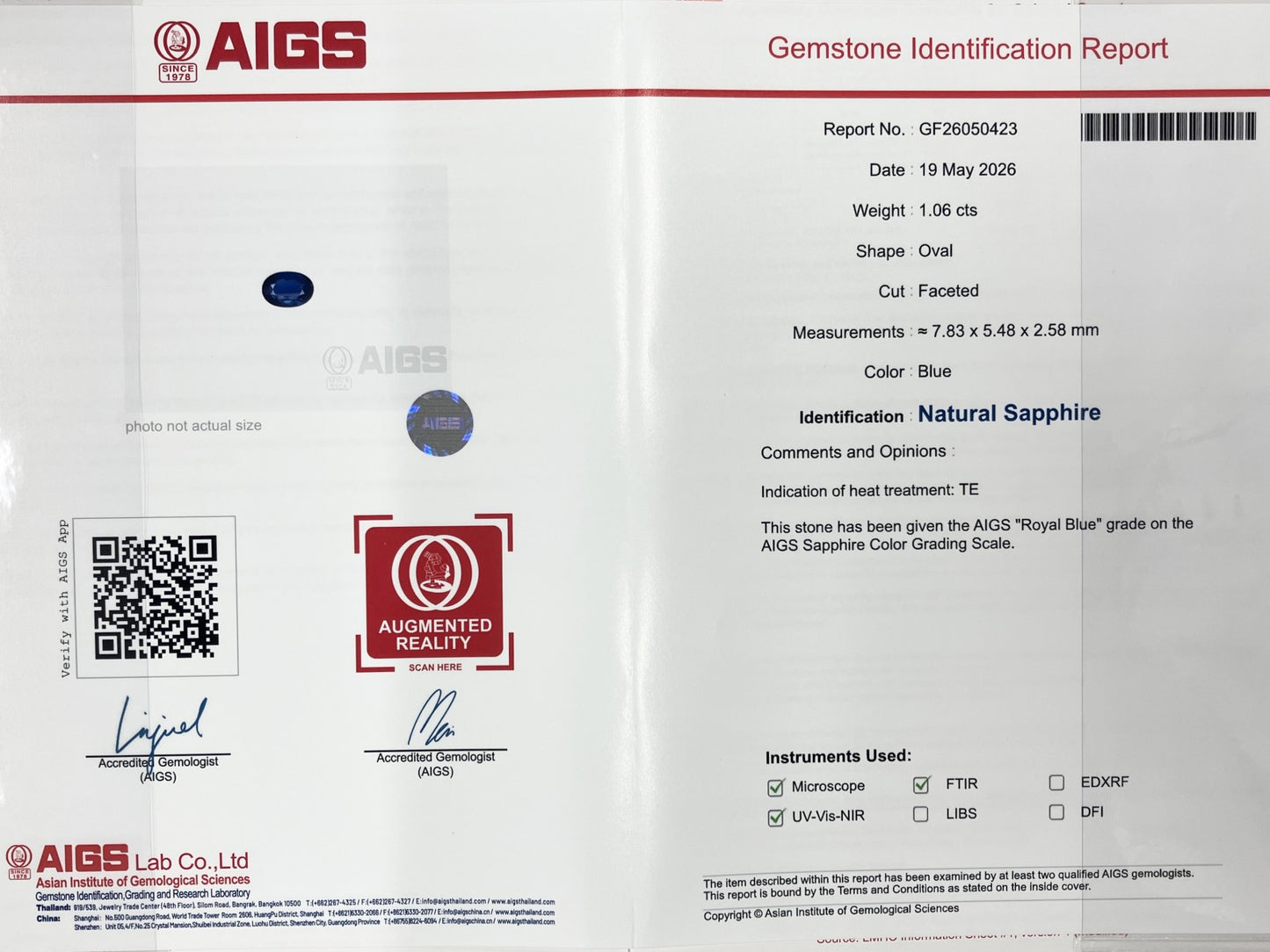 サファイア 1.06ct ロイヤルブルー royal blue AIGS鑑別書 D0.33ct PT900 4.9g 指輪 （JP13号） サイズ直し無料 8174K