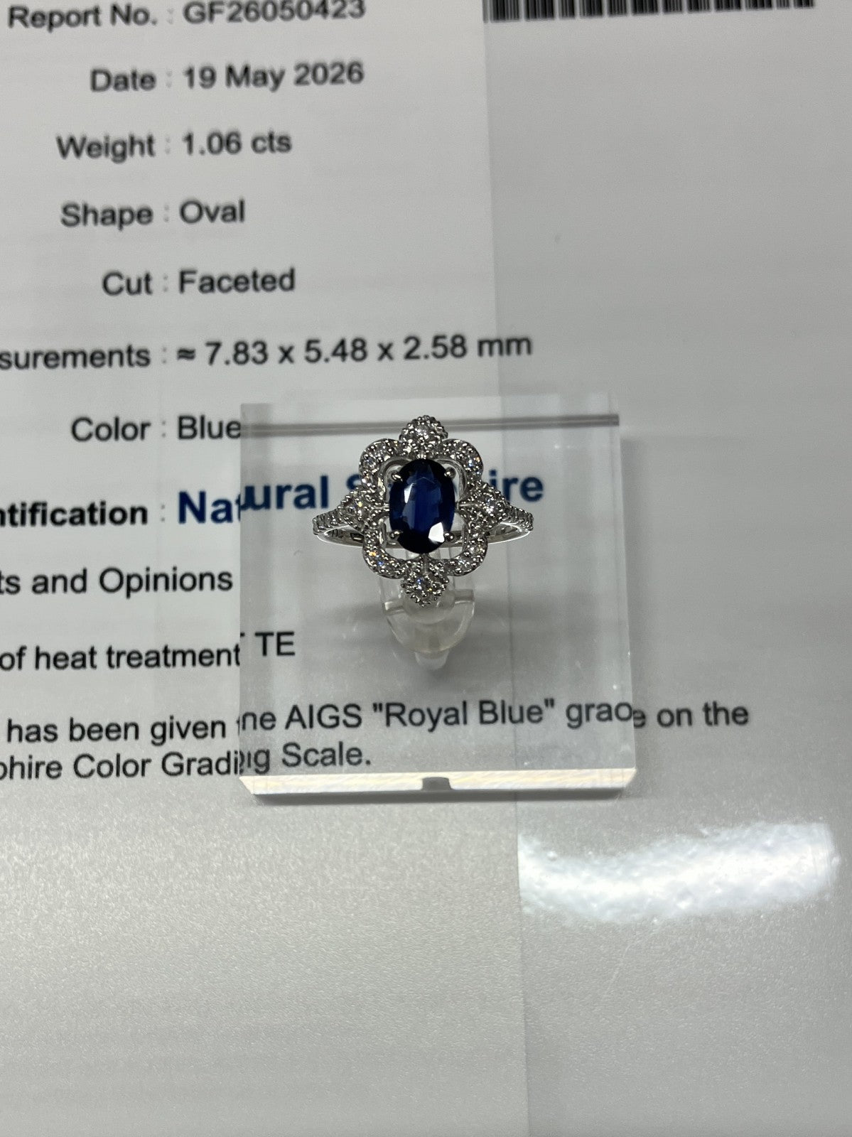 サファイア 1.06ct ロイヤルブルー royal blue AIGS鑑別書 D0.33ct PT900 4.9g 指輪 （JP13号） サイズ直し無料 8174K