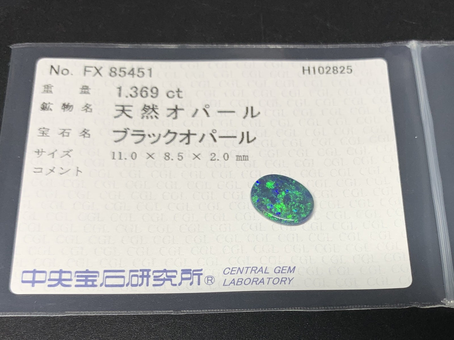 ブラックオパール 天然 1.369ct 中央宝石ソーティング付き 11.0㎜×8.5㎜×2.0㎜ ルース（ 裸石 ） 7208Y