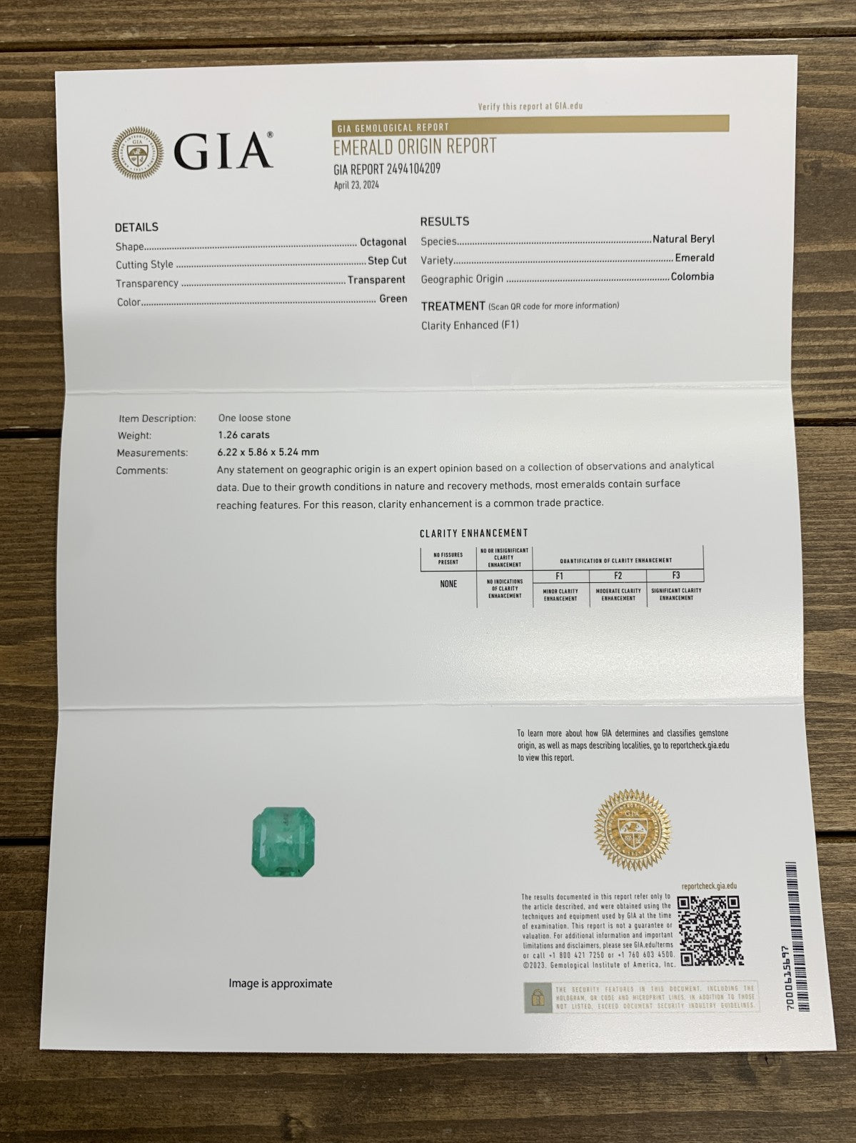 エメラルド　1.26ct　Colombia　GIA宝石鑑別書付き　縦6.22㎜×横5.86㎜×高さ5.24㎜　 ルース（ 裸石 ）　 1570Y