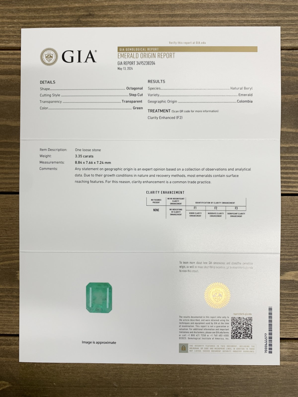 エメラルド　 3.35ct　Colombia　GIA宝石鑑別書付き　縦8.84㎜×横7.66㎜×高さ7.24㎜　 ルース（ 裸石 ）　 1684Y
